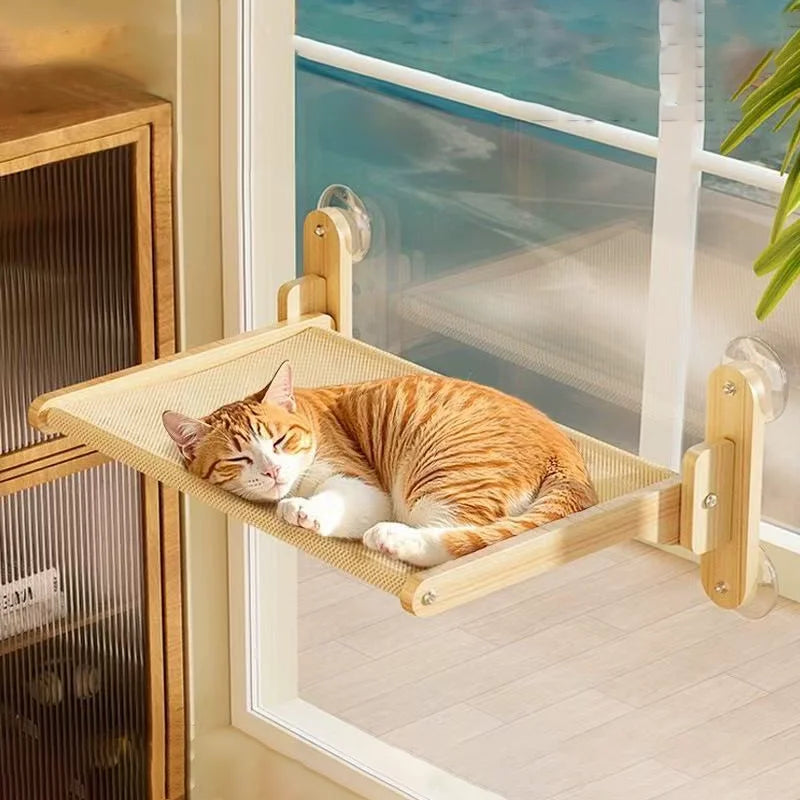 Foldable Cat Window Perch – No-Drill Suction Hammock with Wood Frame