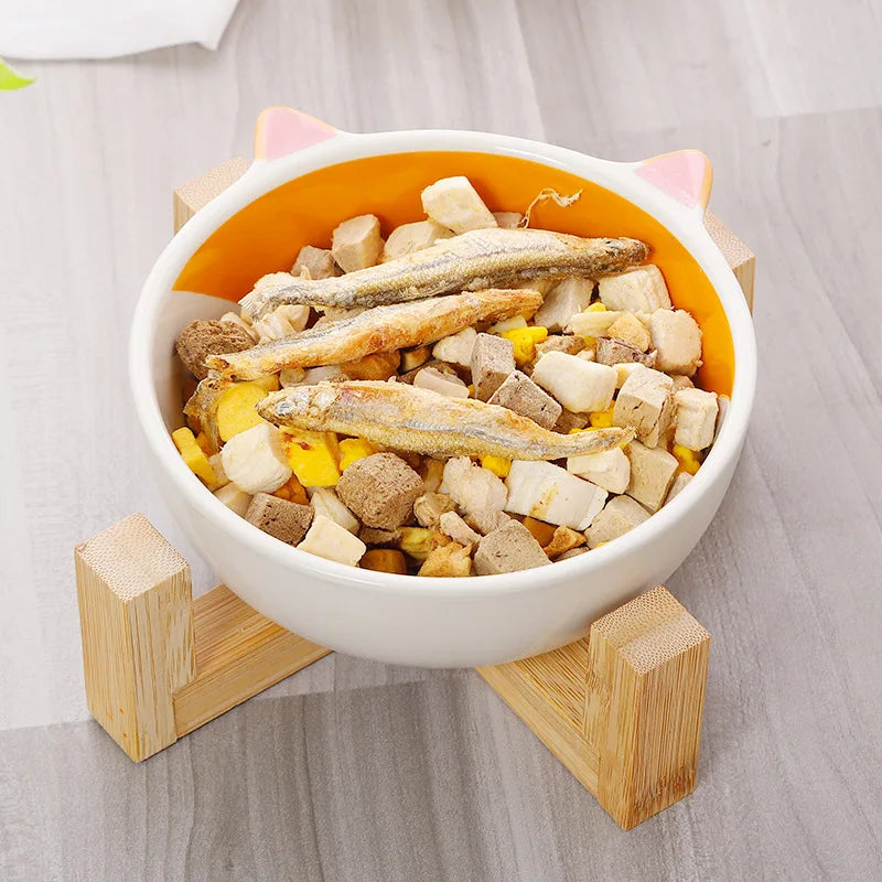 Ceramic Raised Pet Bowl – No-Spill Cartoon Dish for Cats & Small Dogs