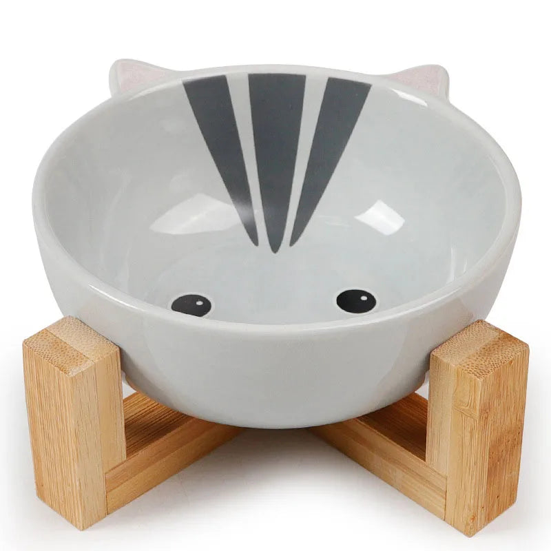 Ceramic Raised Pet Bowl – No-Spill Cartoon Dish for Cats & Small Dogs