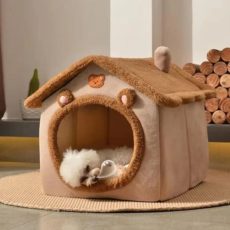 Foldable Pet Cave House – Washable Bear Bed for Cats & Small Dogs