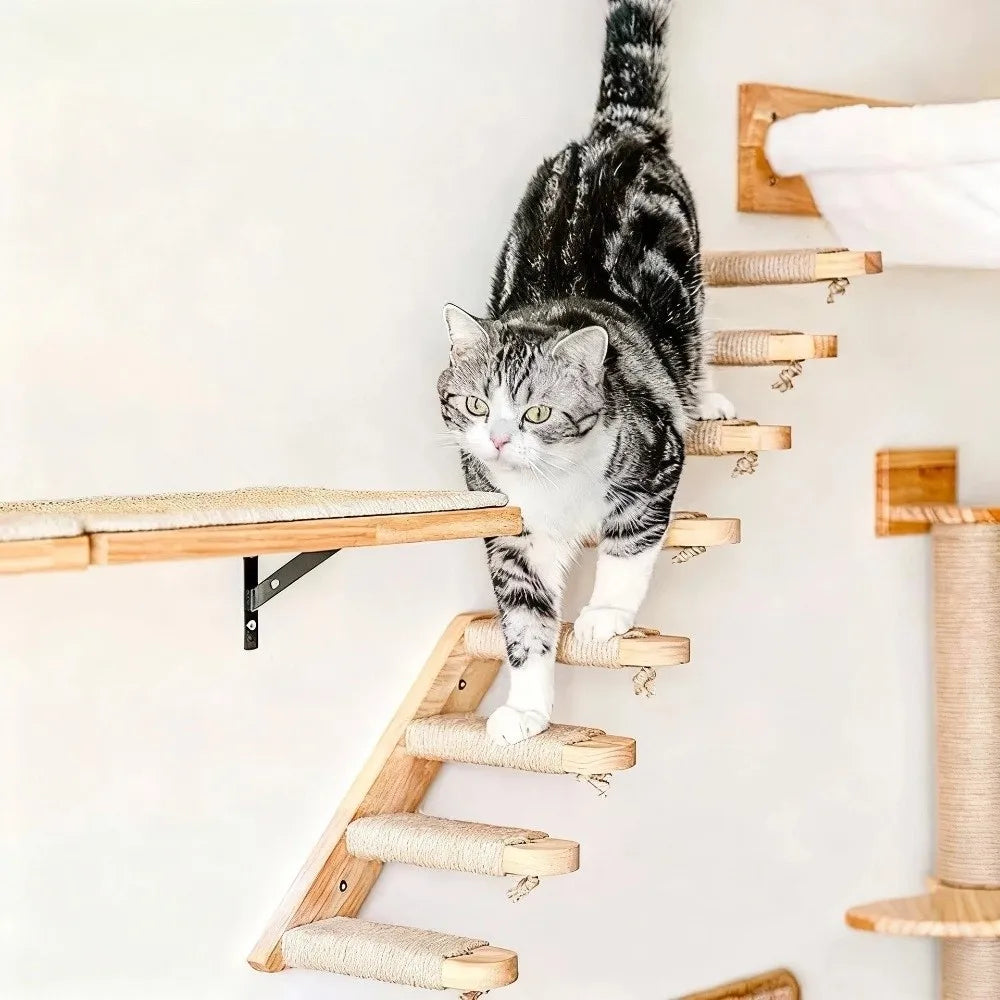 Wooden Cat Climbing Shelves – Sisal-Covered Wall-Mounted Set