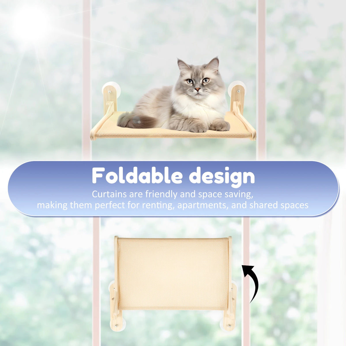 Foldable Cat Window Perch – No-Drill Suction Hammock with Wood Frame