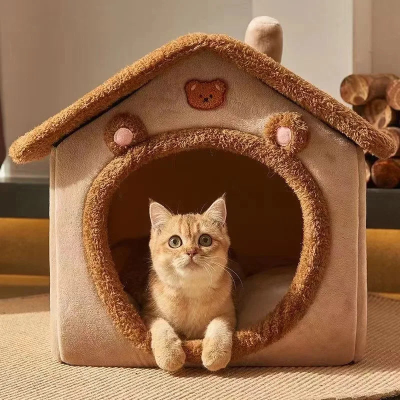 Foldable Pet Cave House – Washable Bear Bed for Cats & Small Dogs
