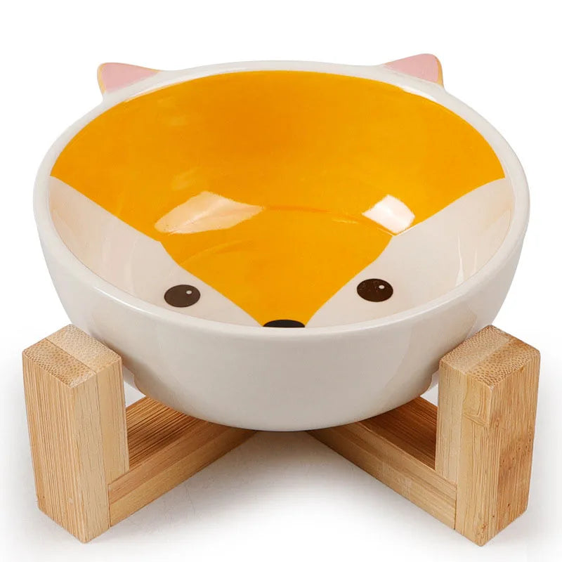 Ceramic Raised Pet Bowl – No-Spill Cartoon Dish for Cats & Small Dogs