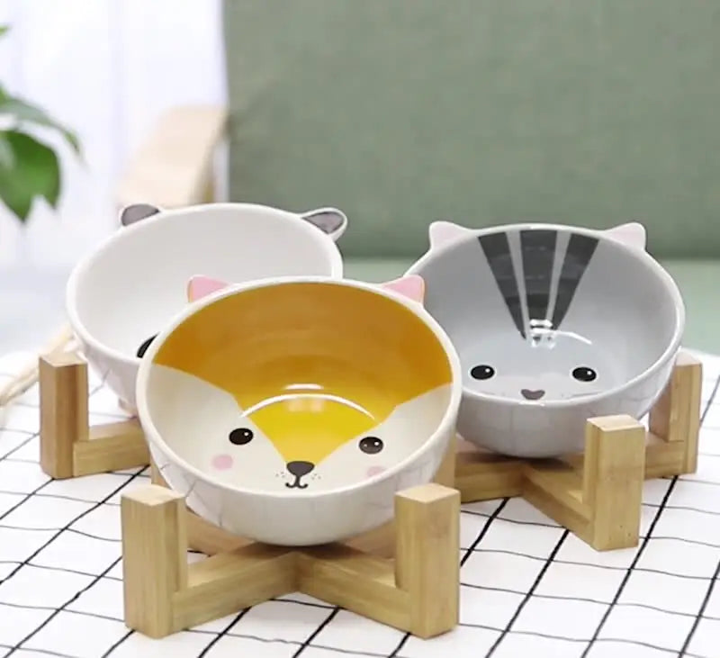 Ceramic Raised Pet Bowl – No-Spill Cartoon Dish for Cats & Small Dogs
