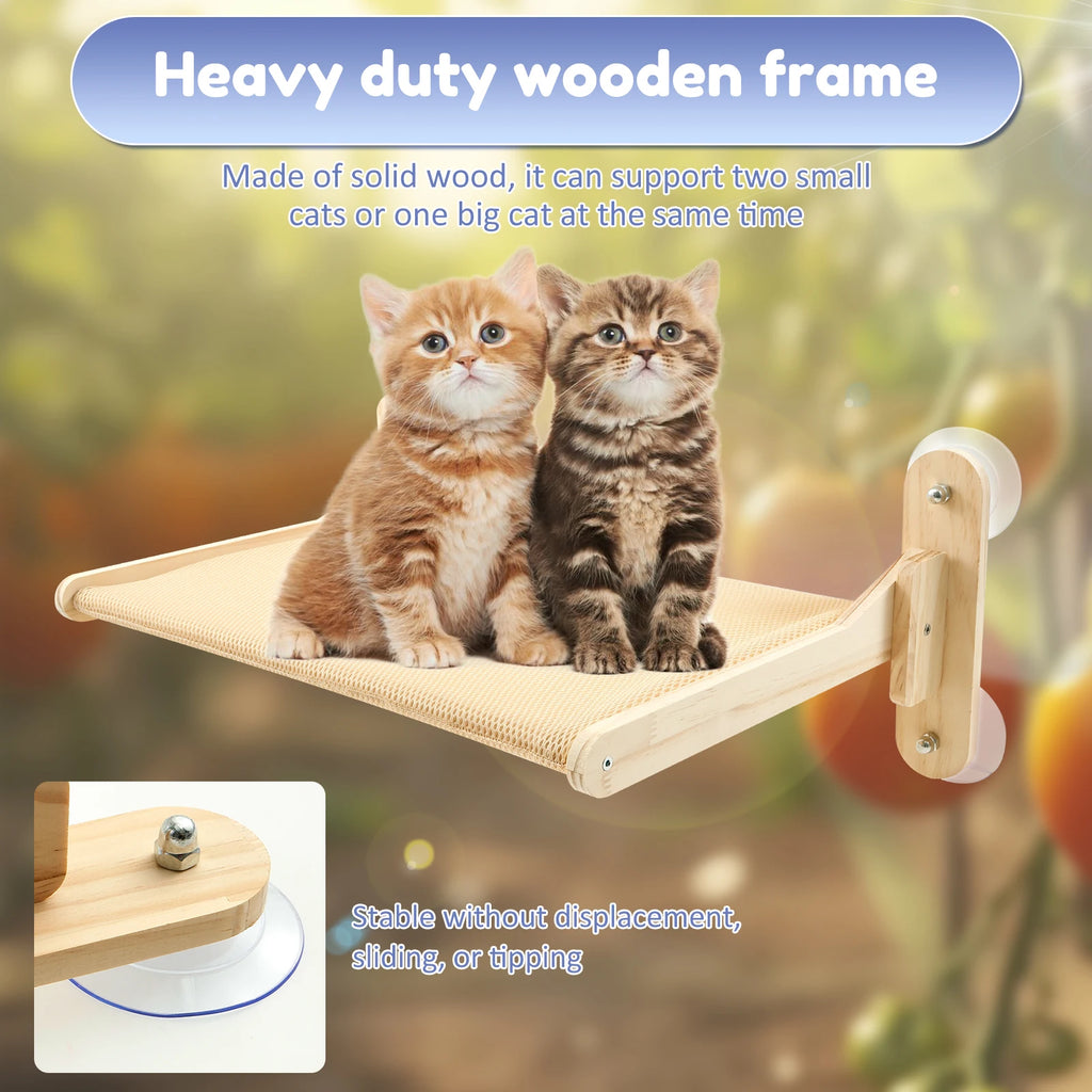 Foldable Cat Window Perch – No-Drill Suction Hammock with Wood Frame