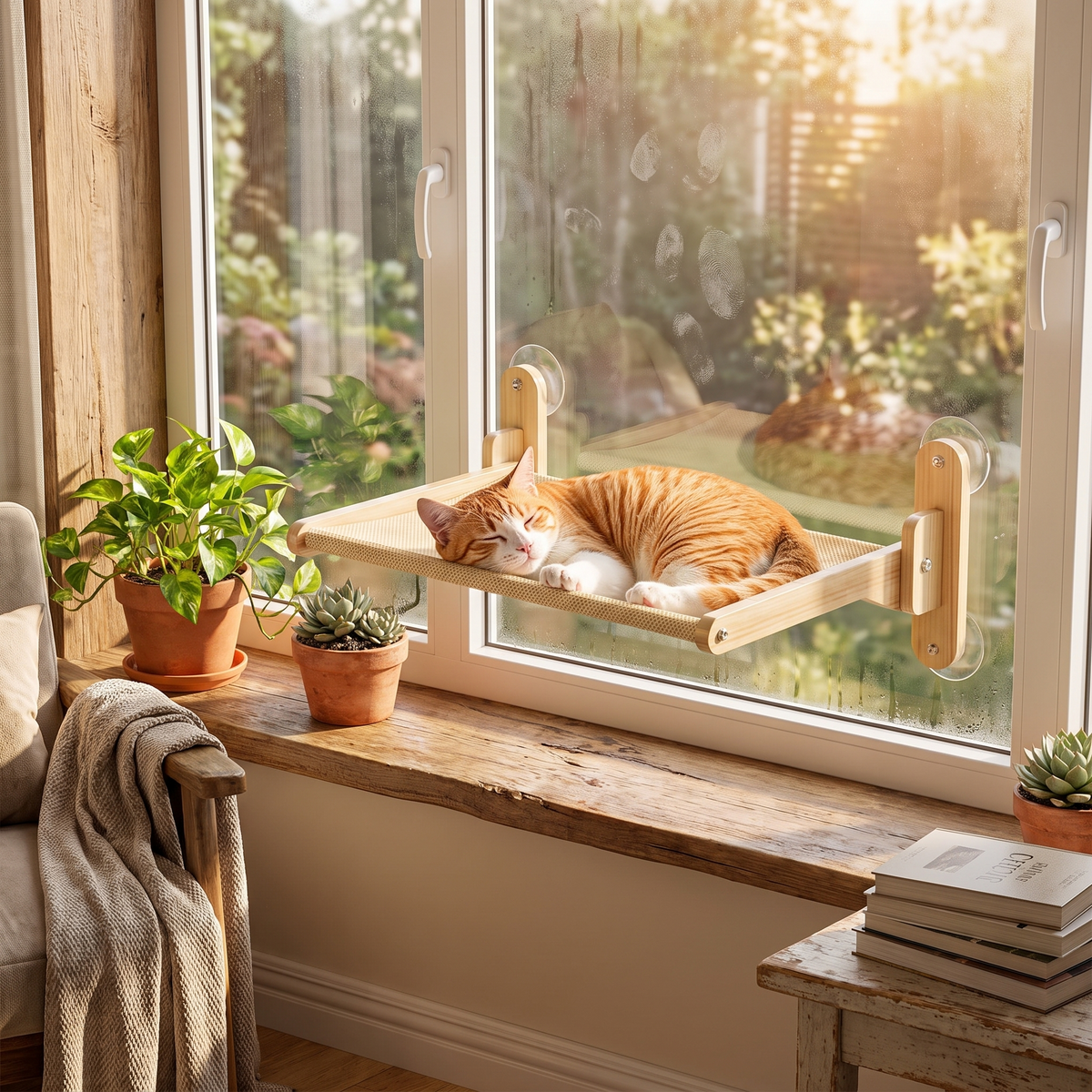 Foldable Cat Window Perch Hammock Wood Frame