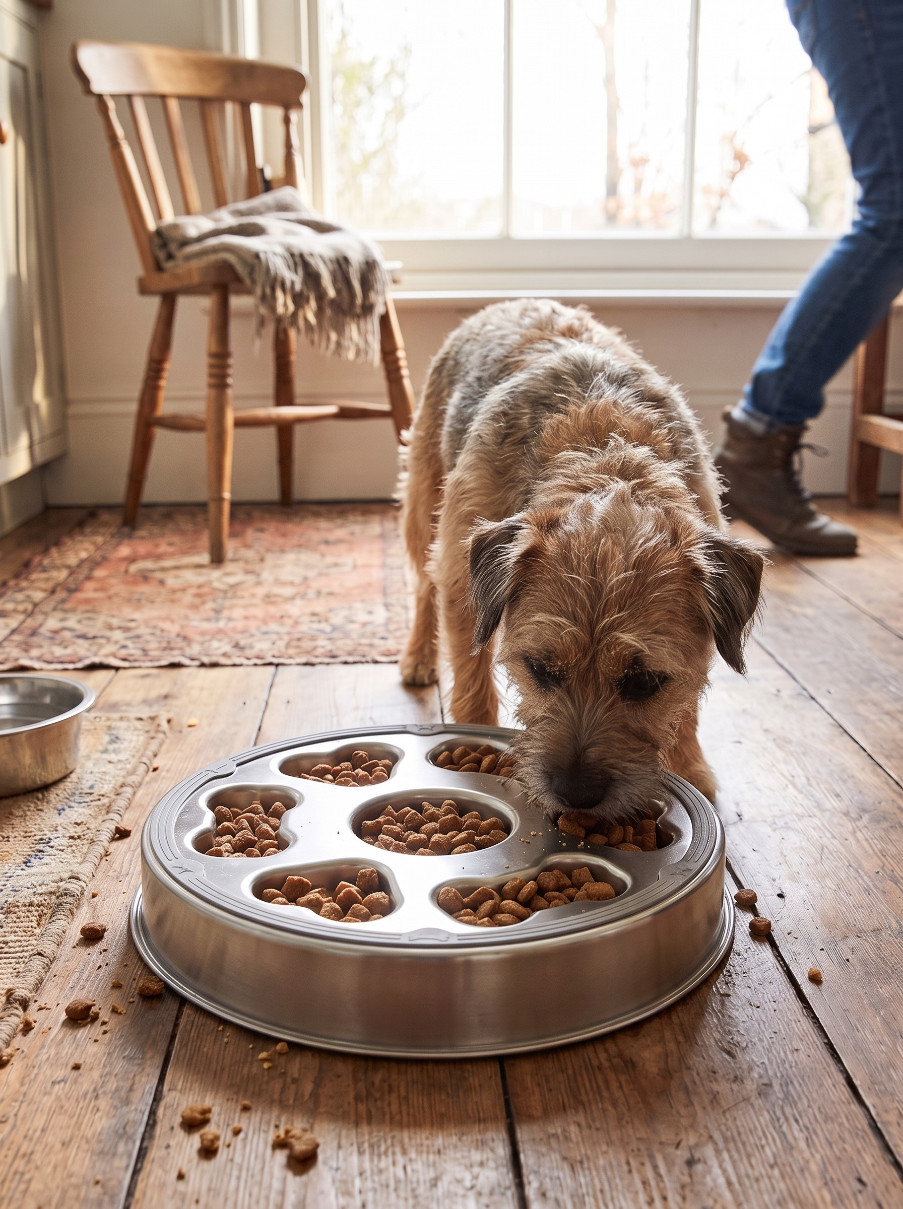 Stainless steel slow feeder dog bowl in use at mealtime