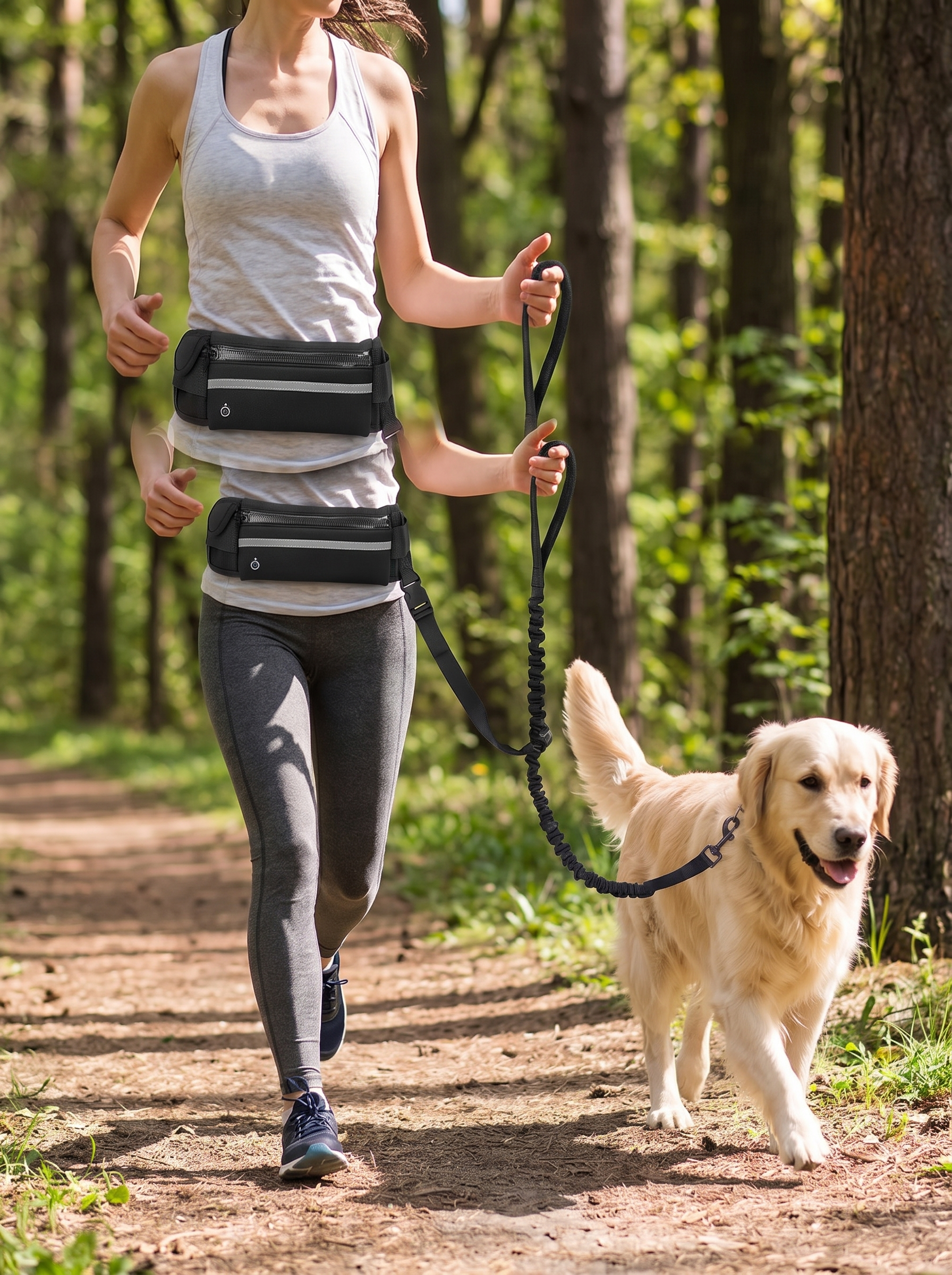 Hands free dog running leash worn at the waist