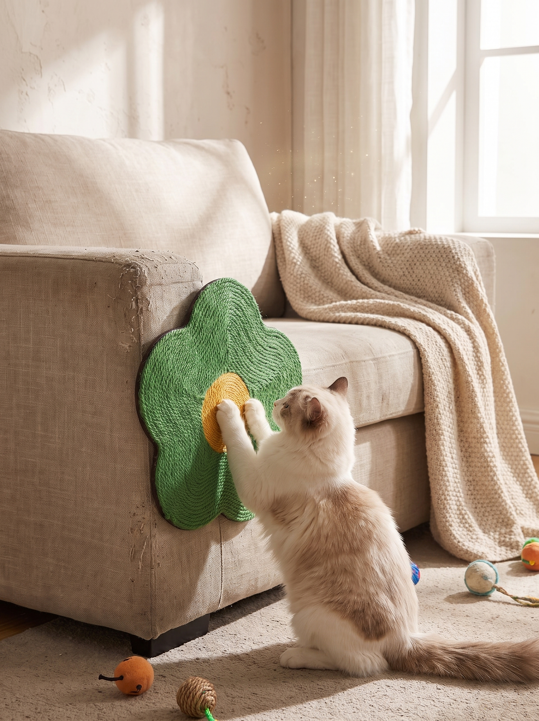 Cat using a sisal scratcher board instead of the sofa