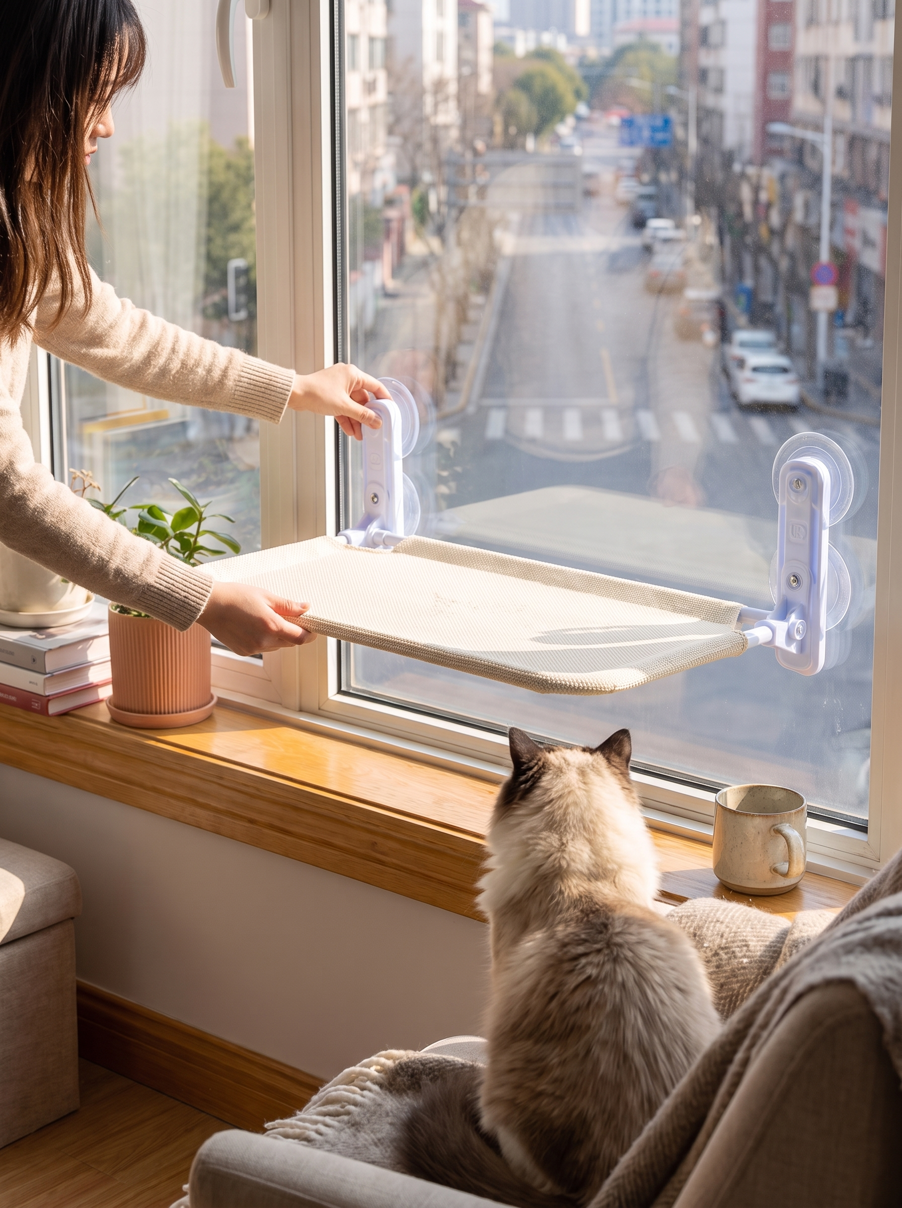 Cat window hammock mounted with suction cups