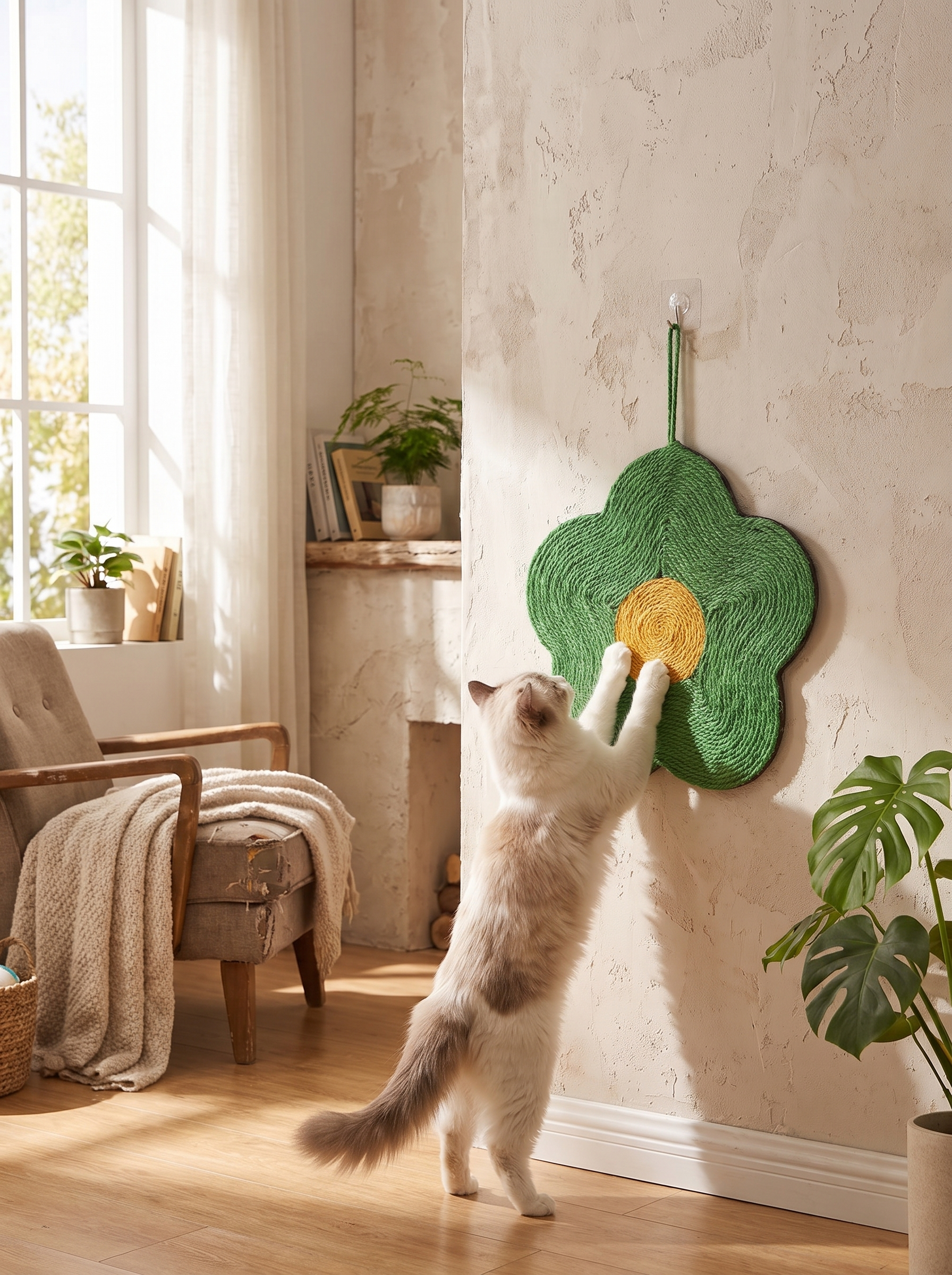 Cat napping on a flat sisal scratcher pad