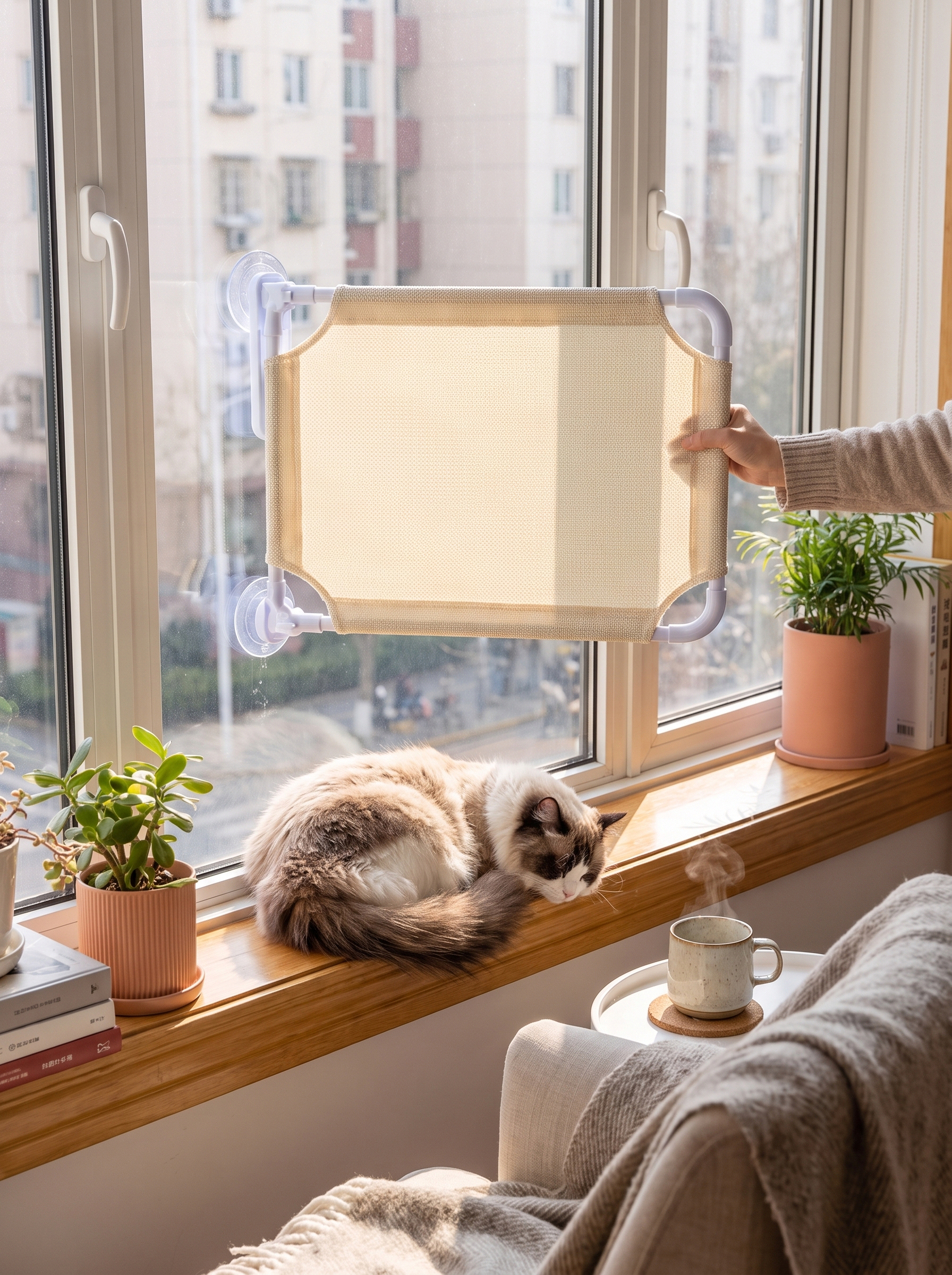 Foldable cat window hammock packed away