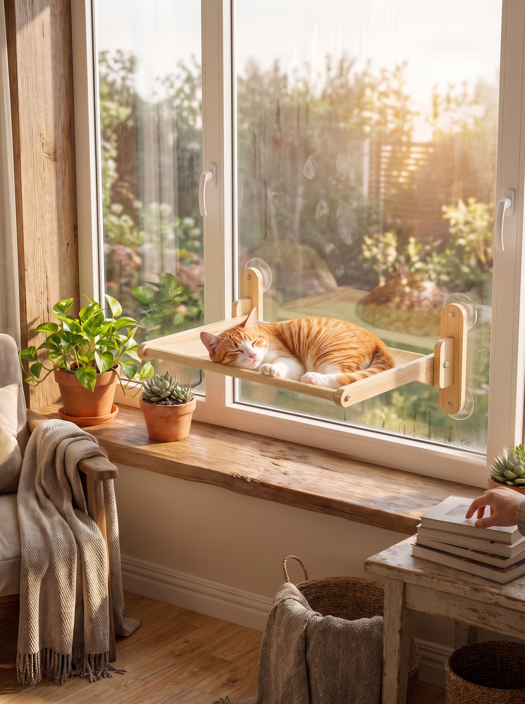 Wood framed cat perch holding a cat steadily