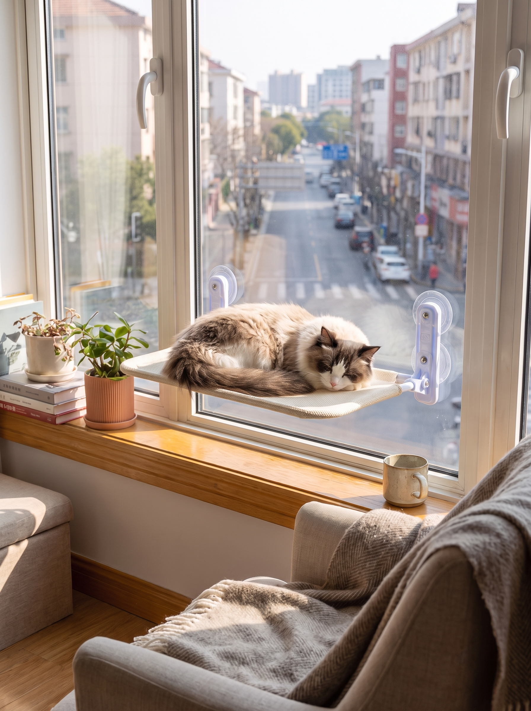 Cat sunbathing in a window hammock