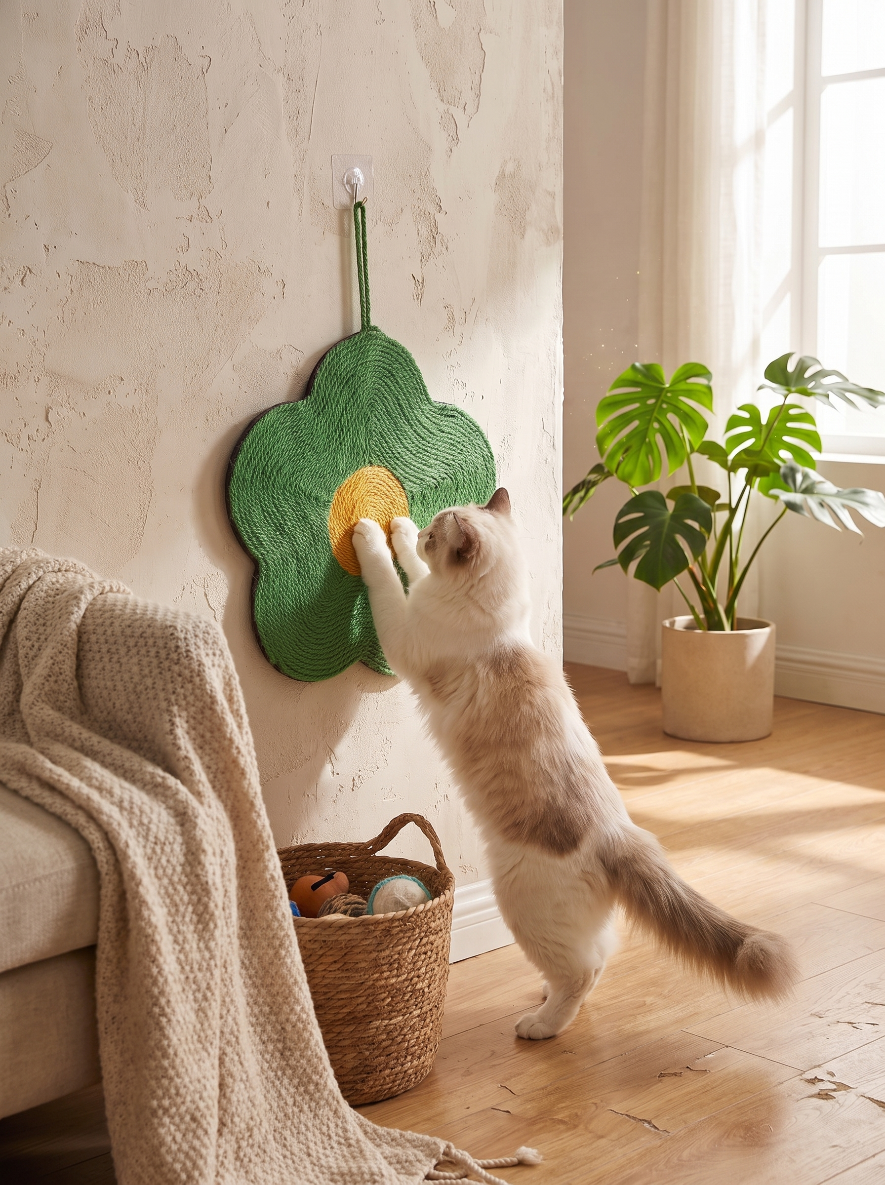 Sisal cat scratcher board styled in a living room