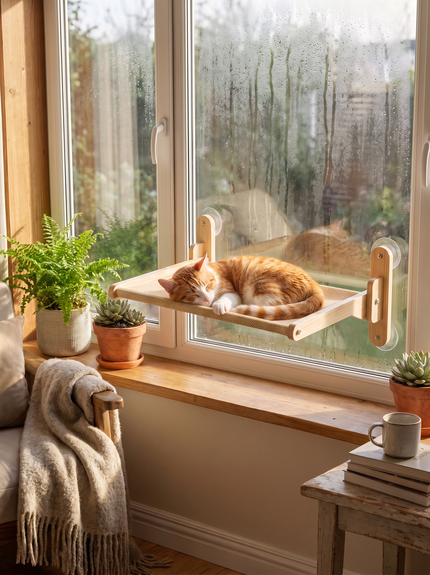 Cat sunning on a window perch