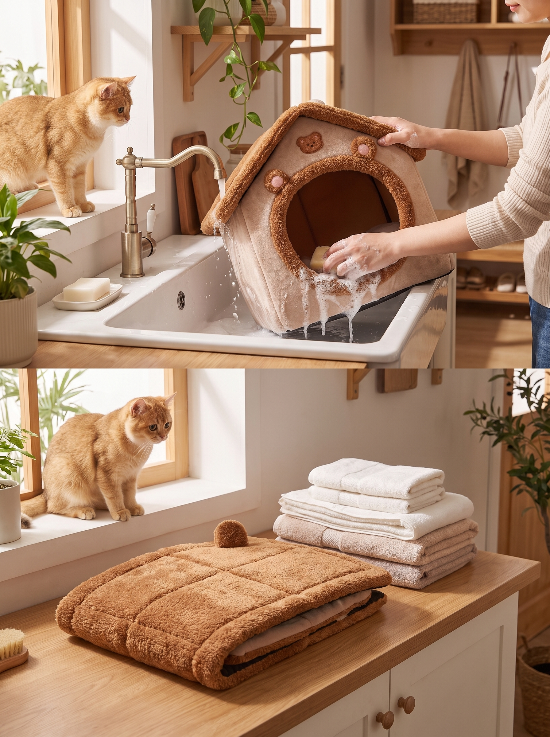 Washable pet cave bed cushion lifted out