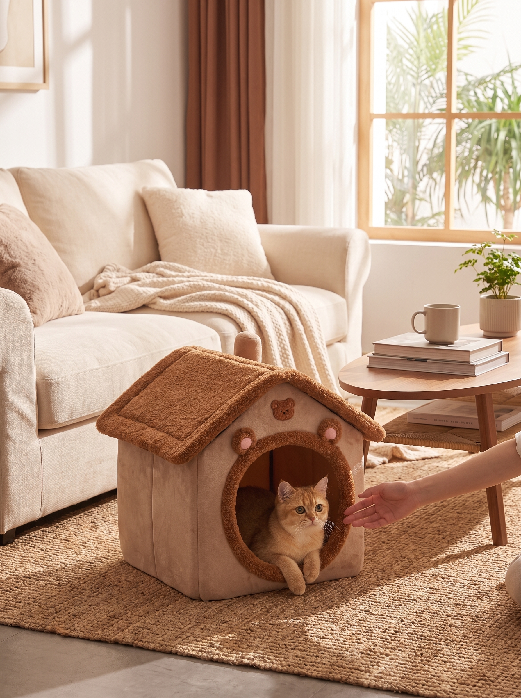 Pet cave bed with the hood folded down as a sofa