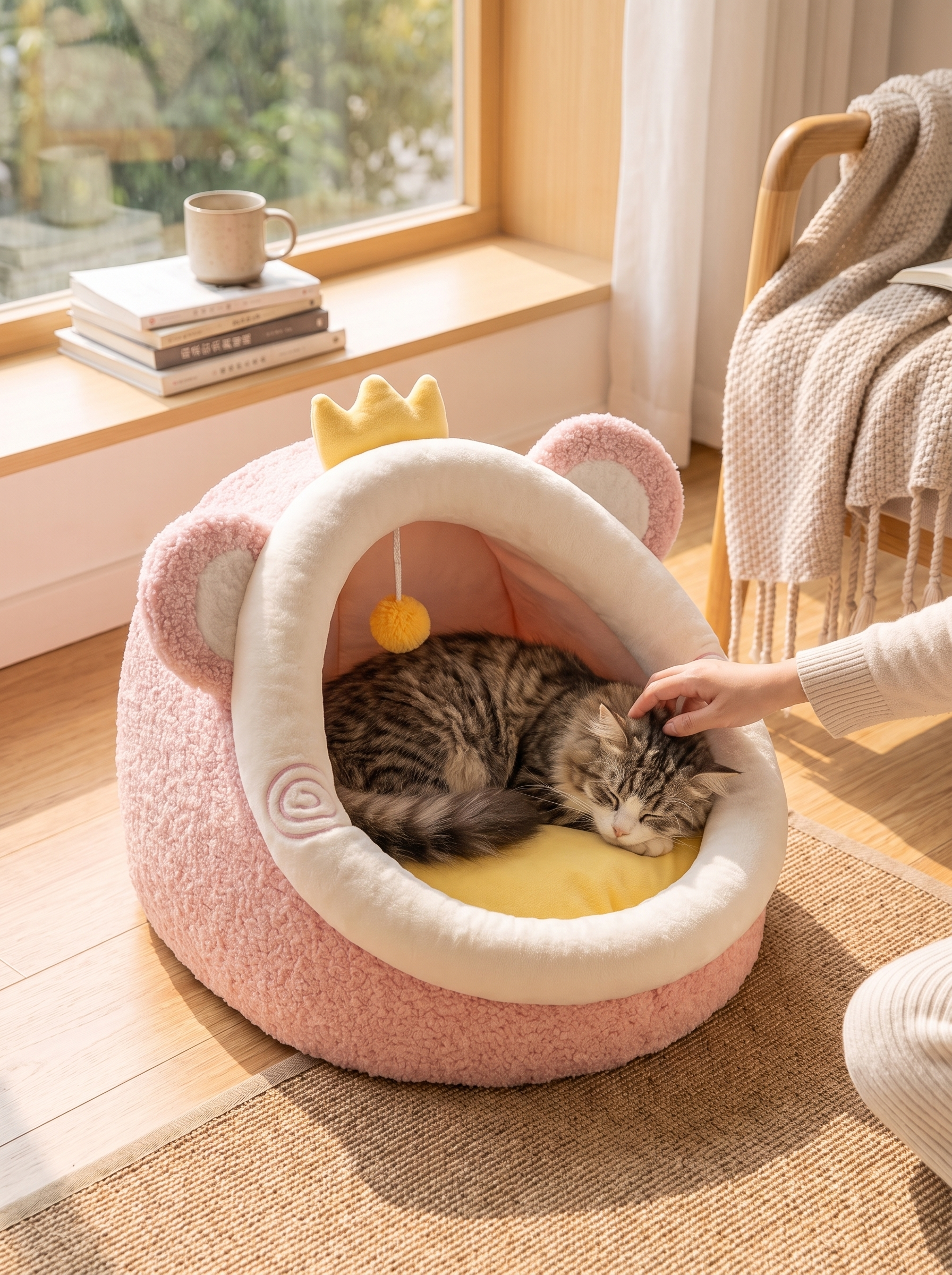 Foldable pet sofa cave with the hood up