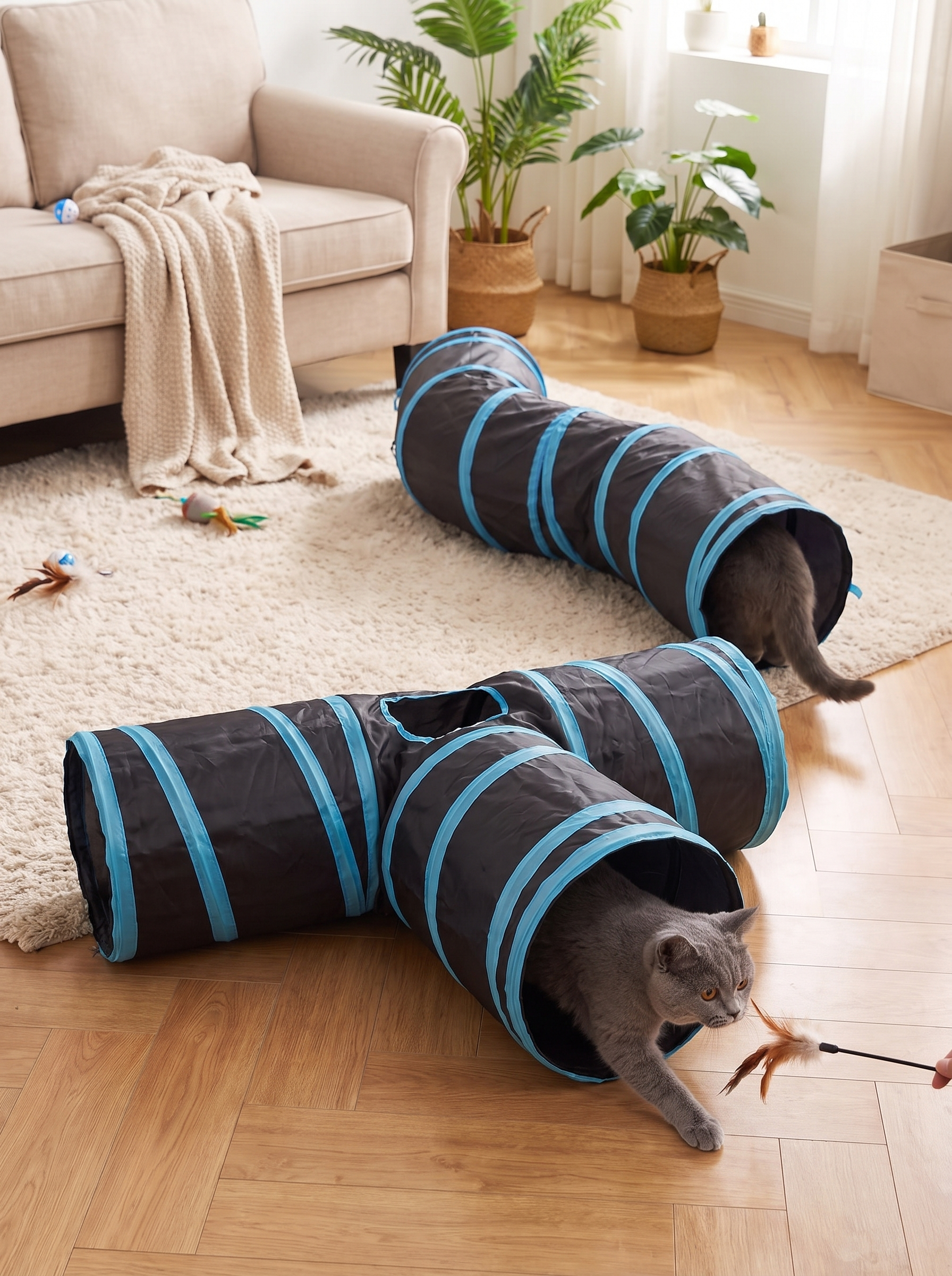 Multi way cat tunnel playhouse set up in a hallway