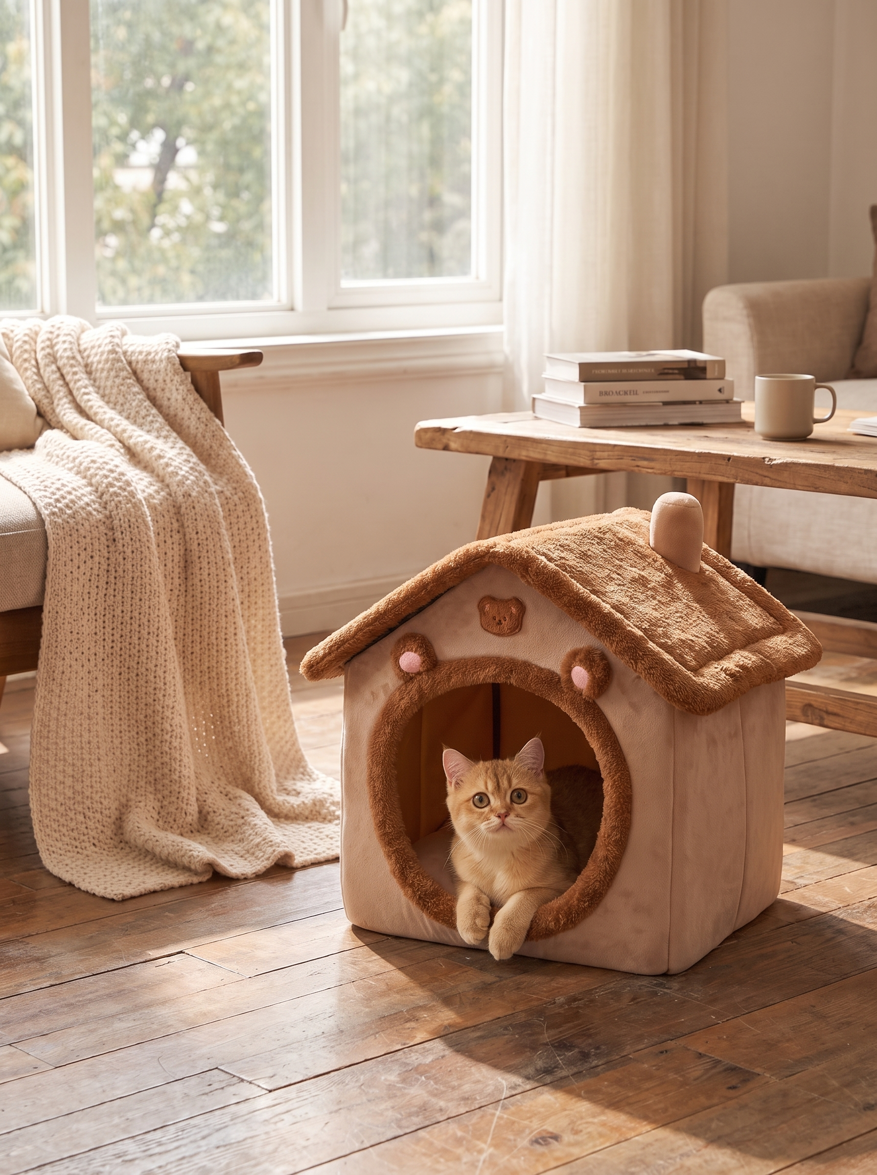 Cat burrowed into a soft pet cave bed