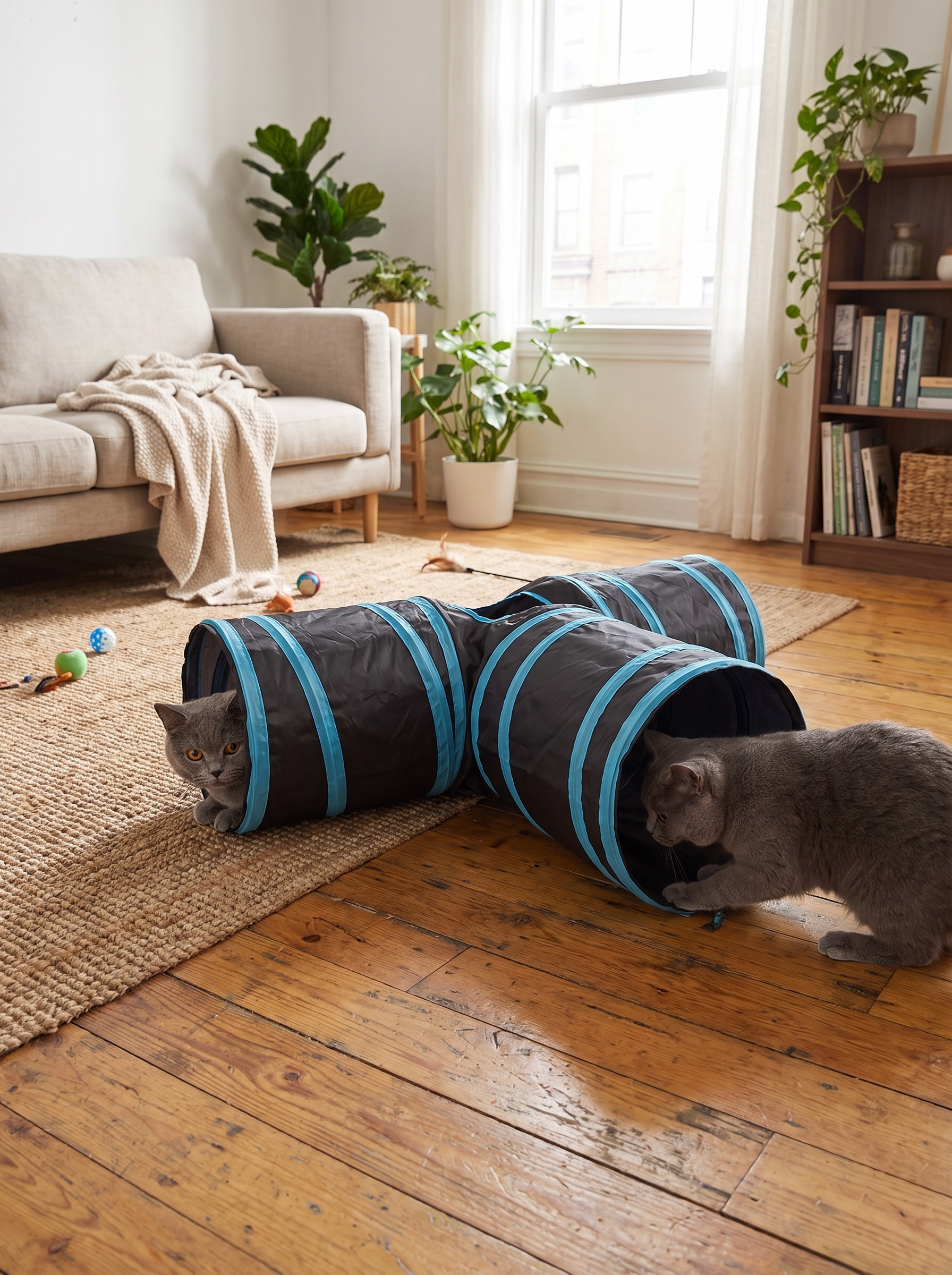 Two cats chasing through a pop up tunnel