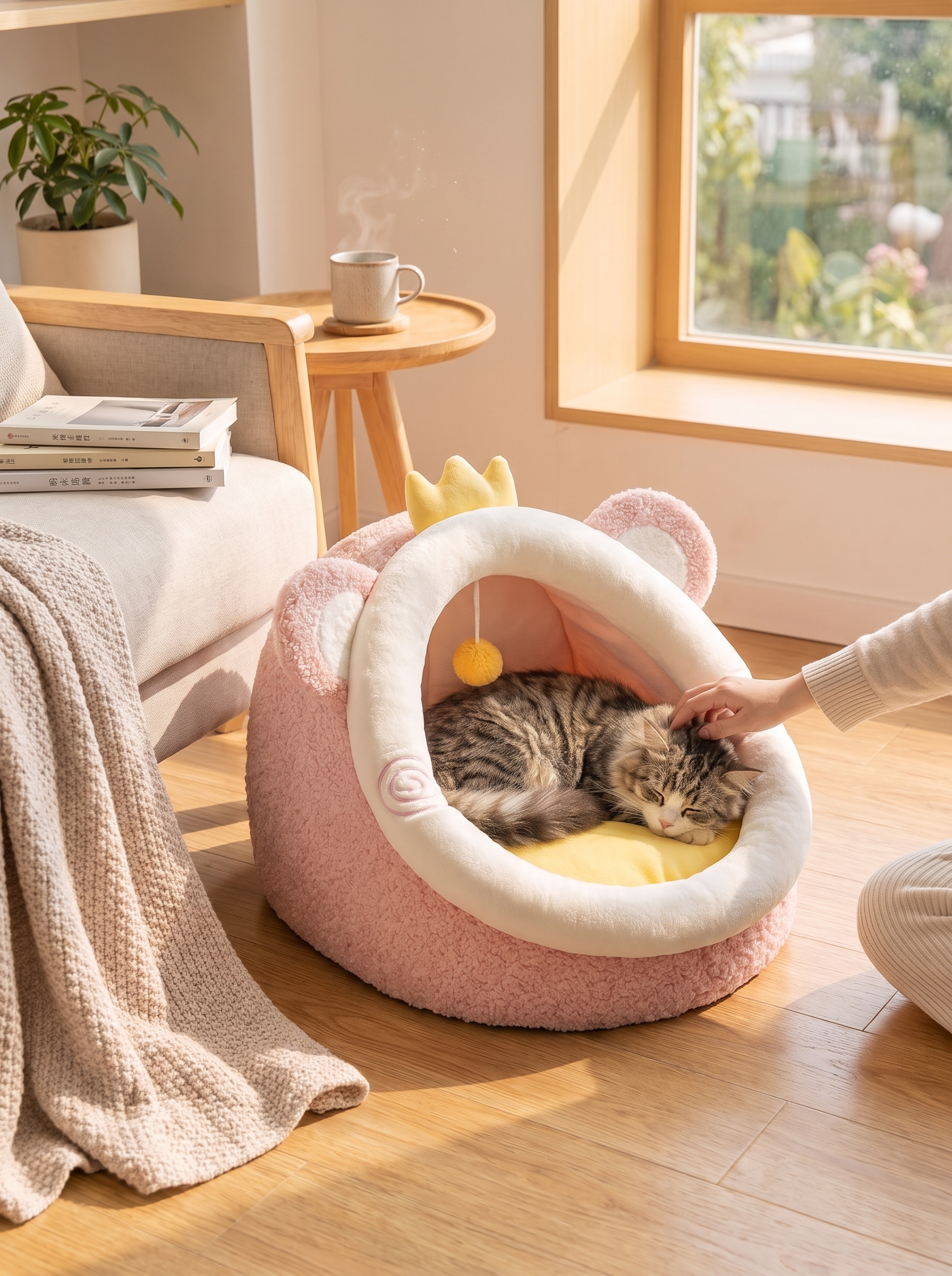 Small dog keeping warm in a plush pet cave