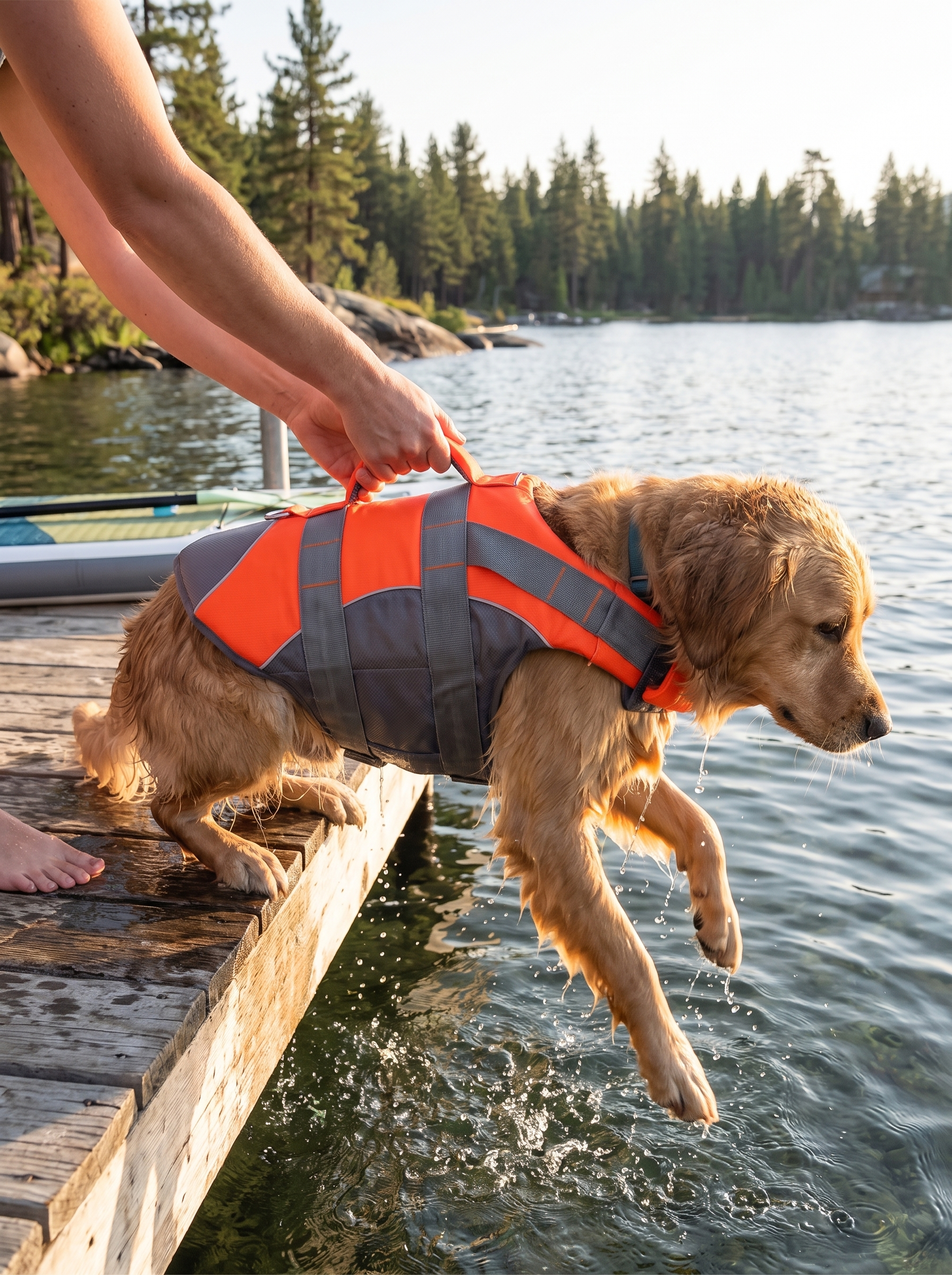 Rescue handle on a dog life jacket being lifted