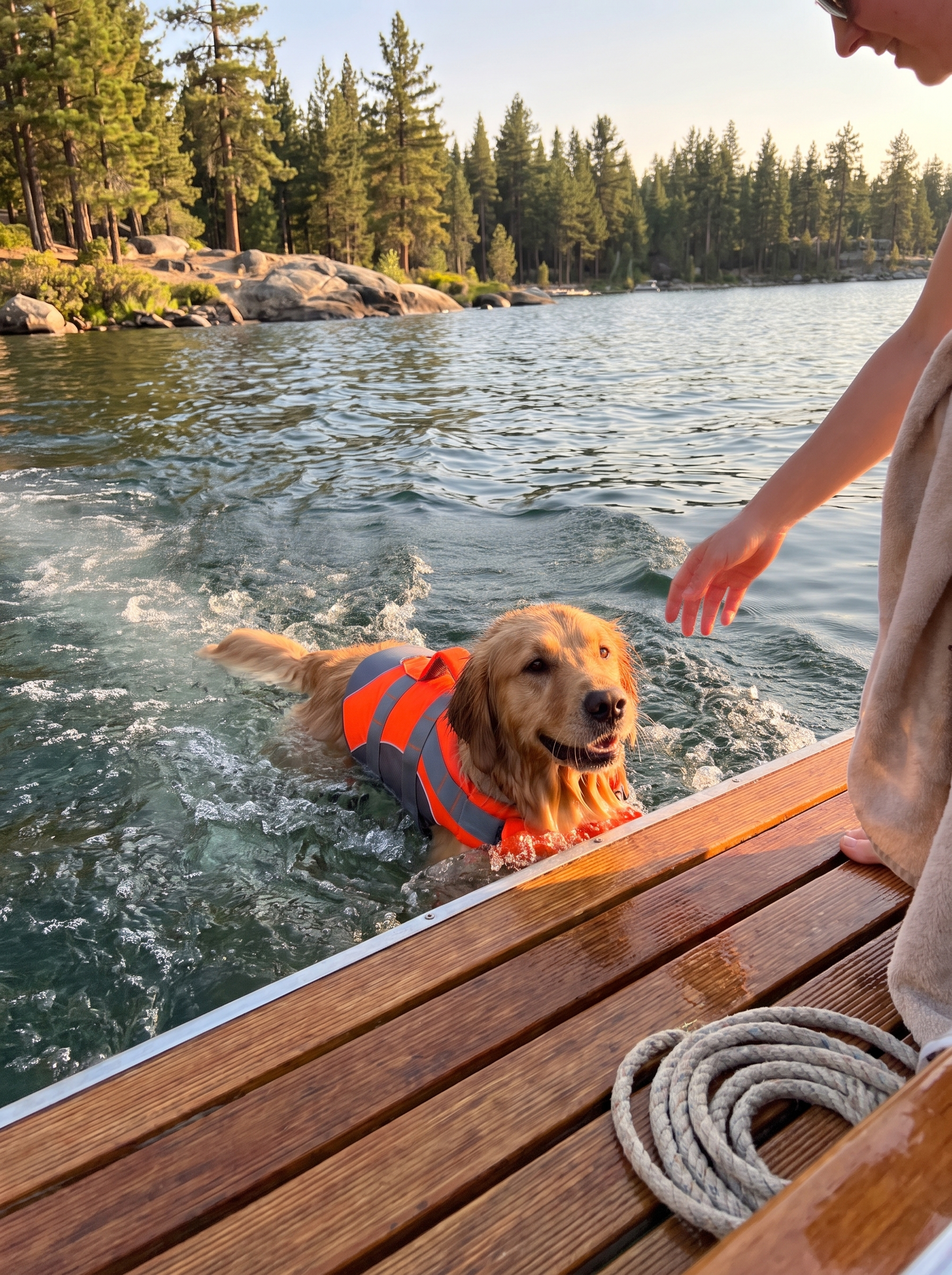 Reflective dog life jacket visible on the water