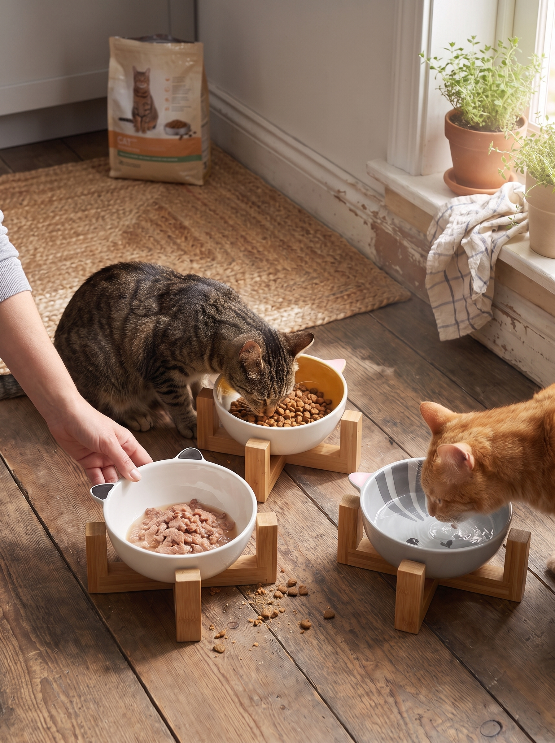 Cartoon printed ceramic pet bowl in a kitchen