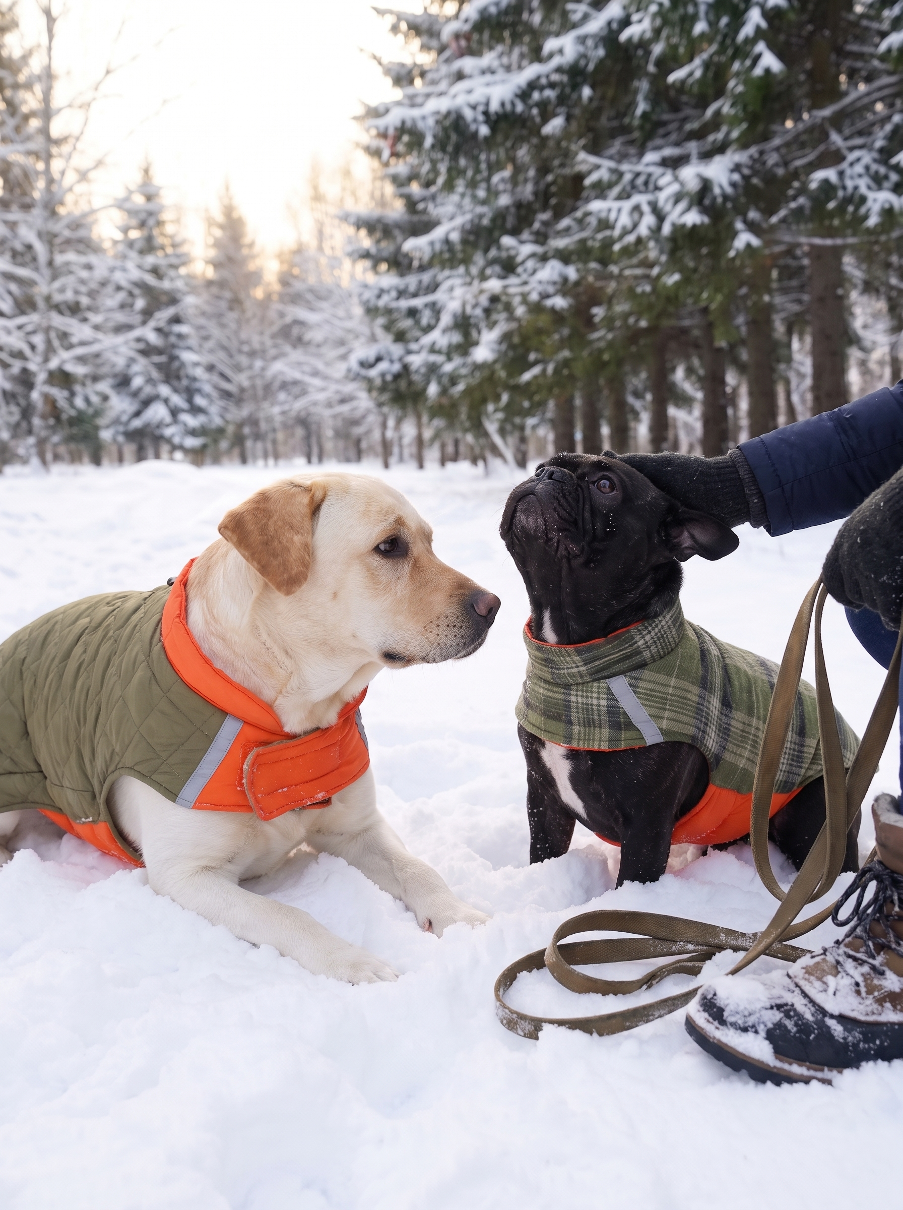 Dog in a winter coat on a cold walk