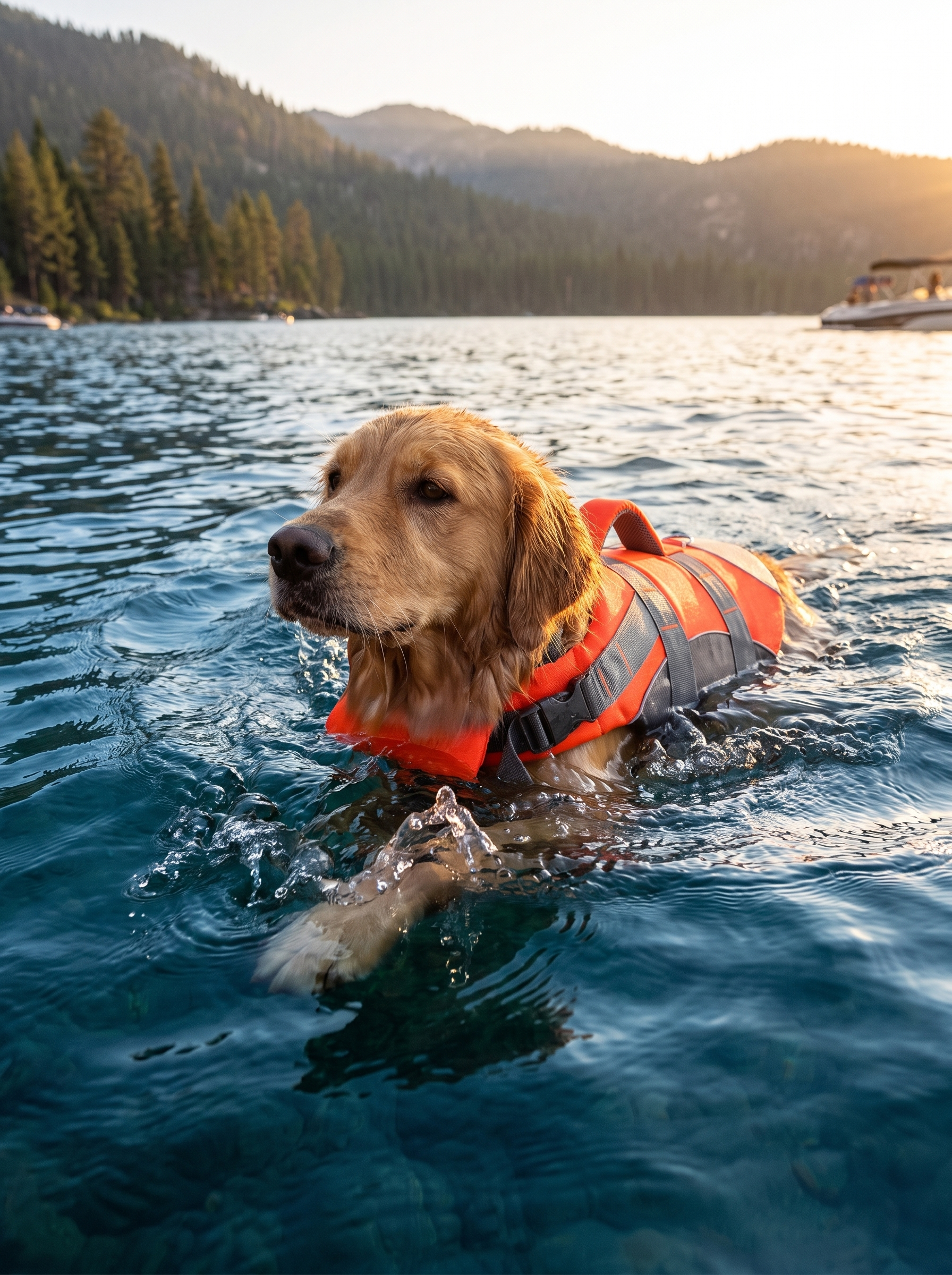 Dog swimming in a buoyant life jacket