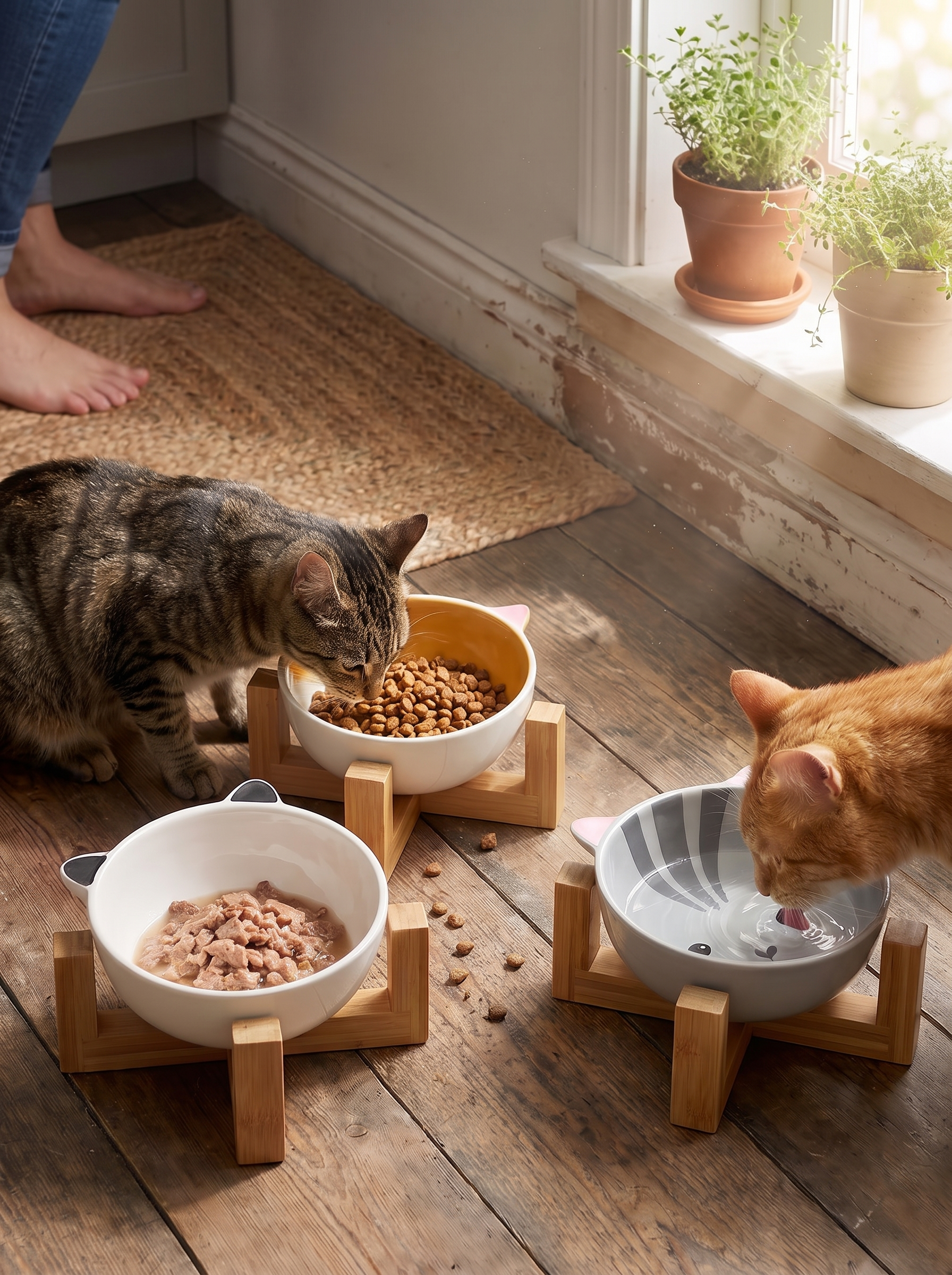 Raised ceramic pet bowl at a comfortable eating height