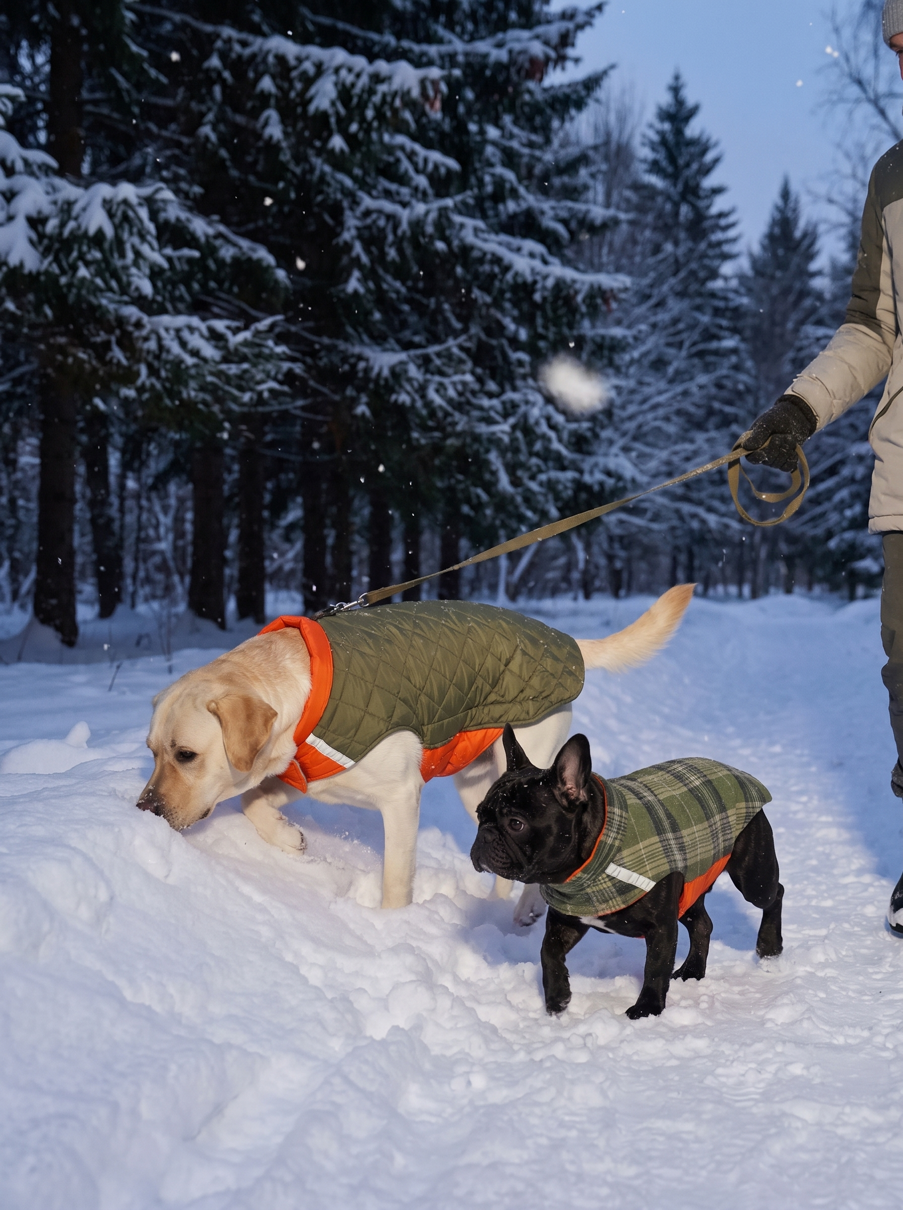 Reflective dog coat visible on a dark evening