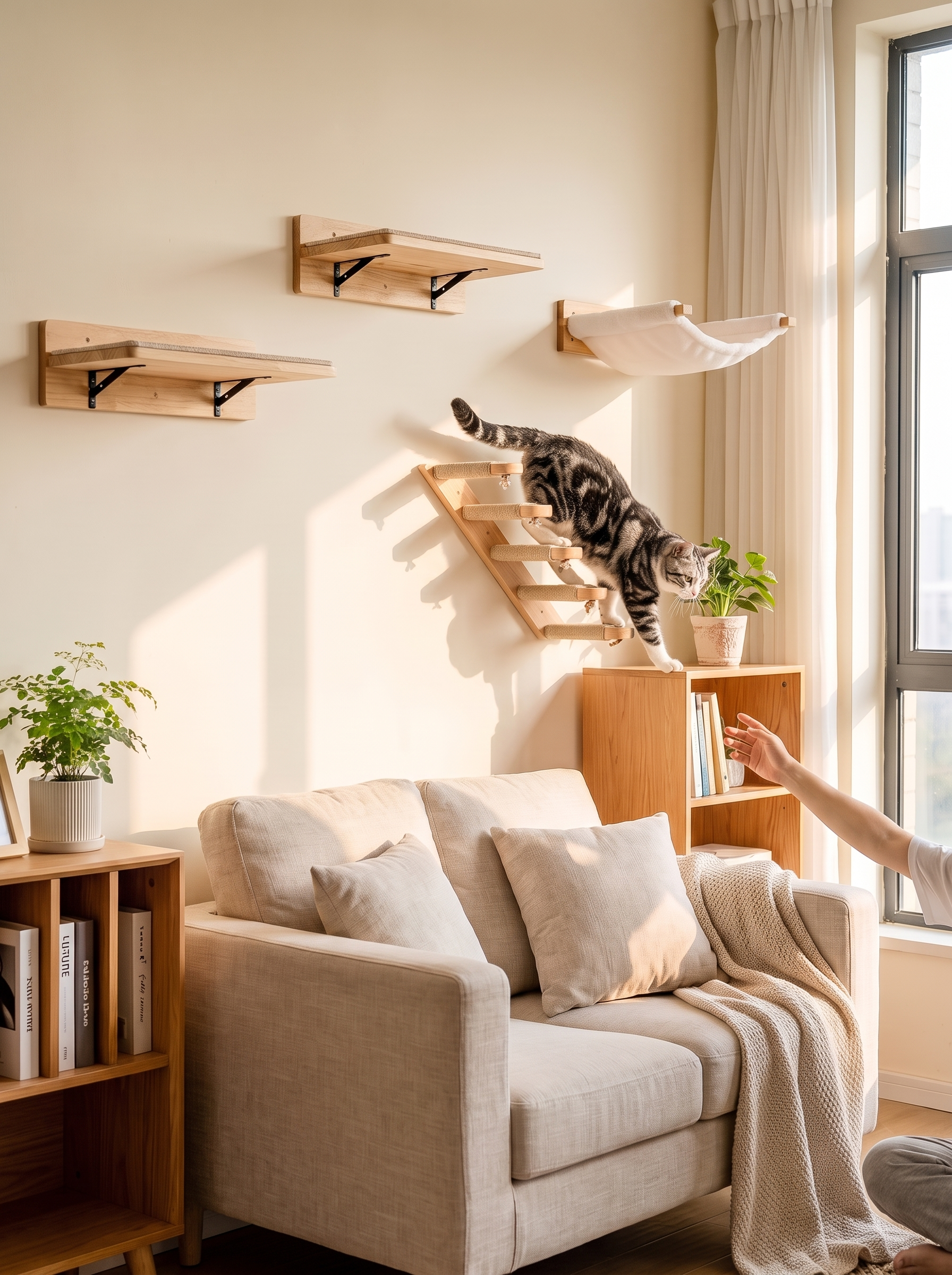 Cat climbing wall mounted wooden shelves