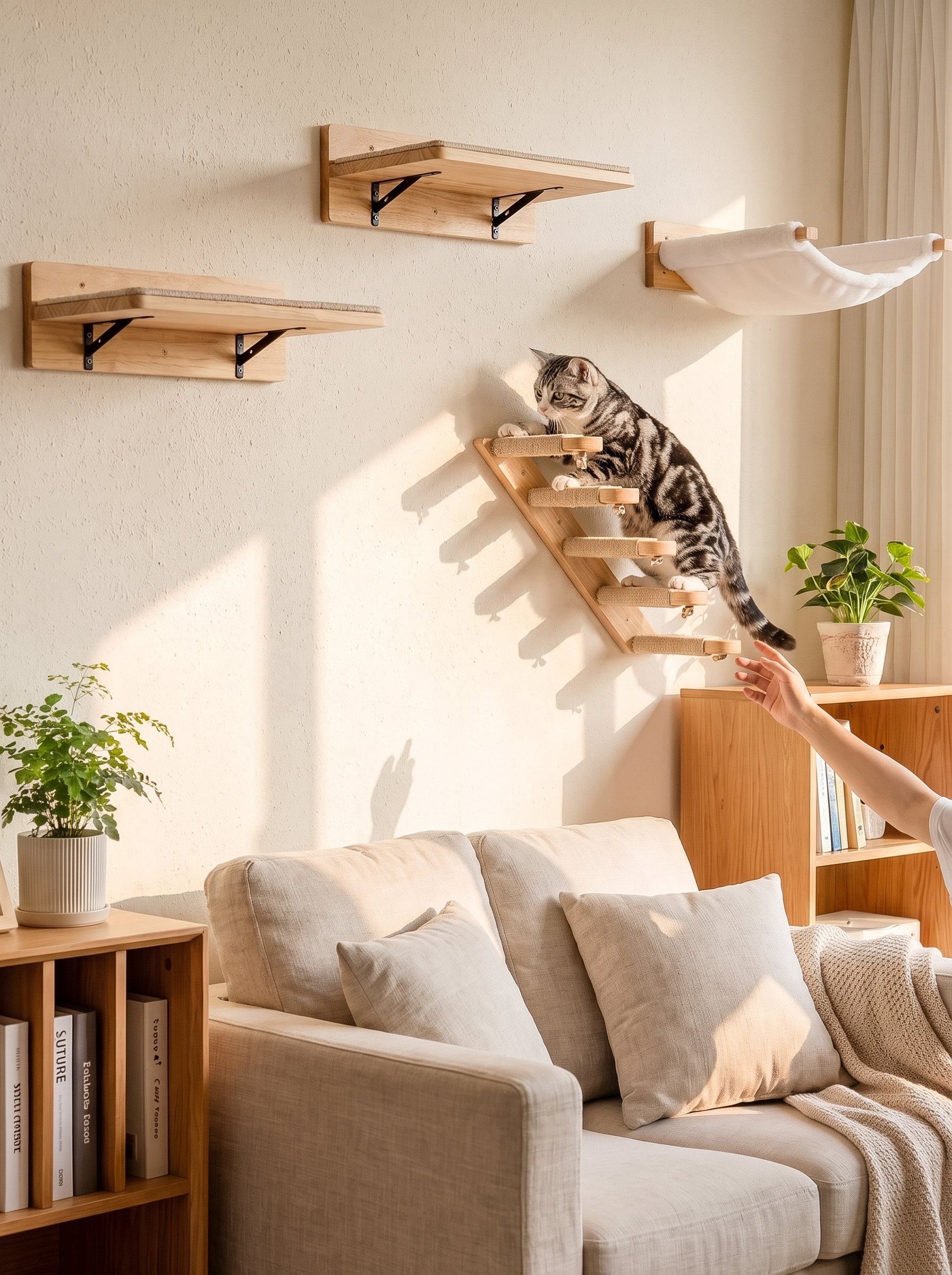 Sisal wrapped cat shelf being scratched