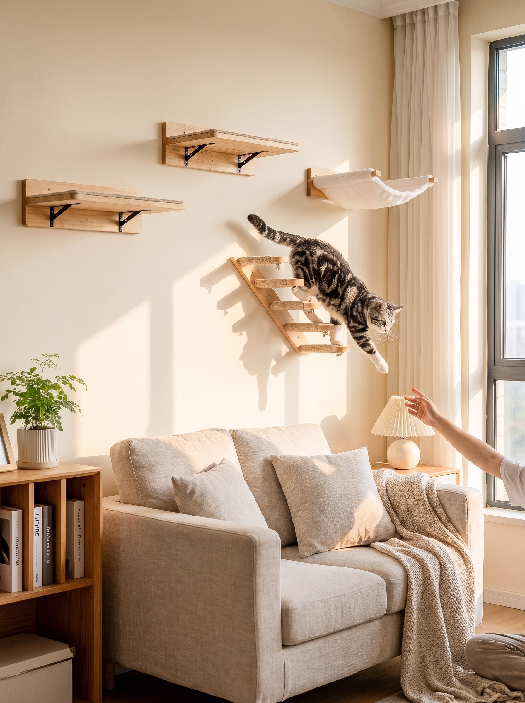 Wooden cat climbing shelves arranged on a wall