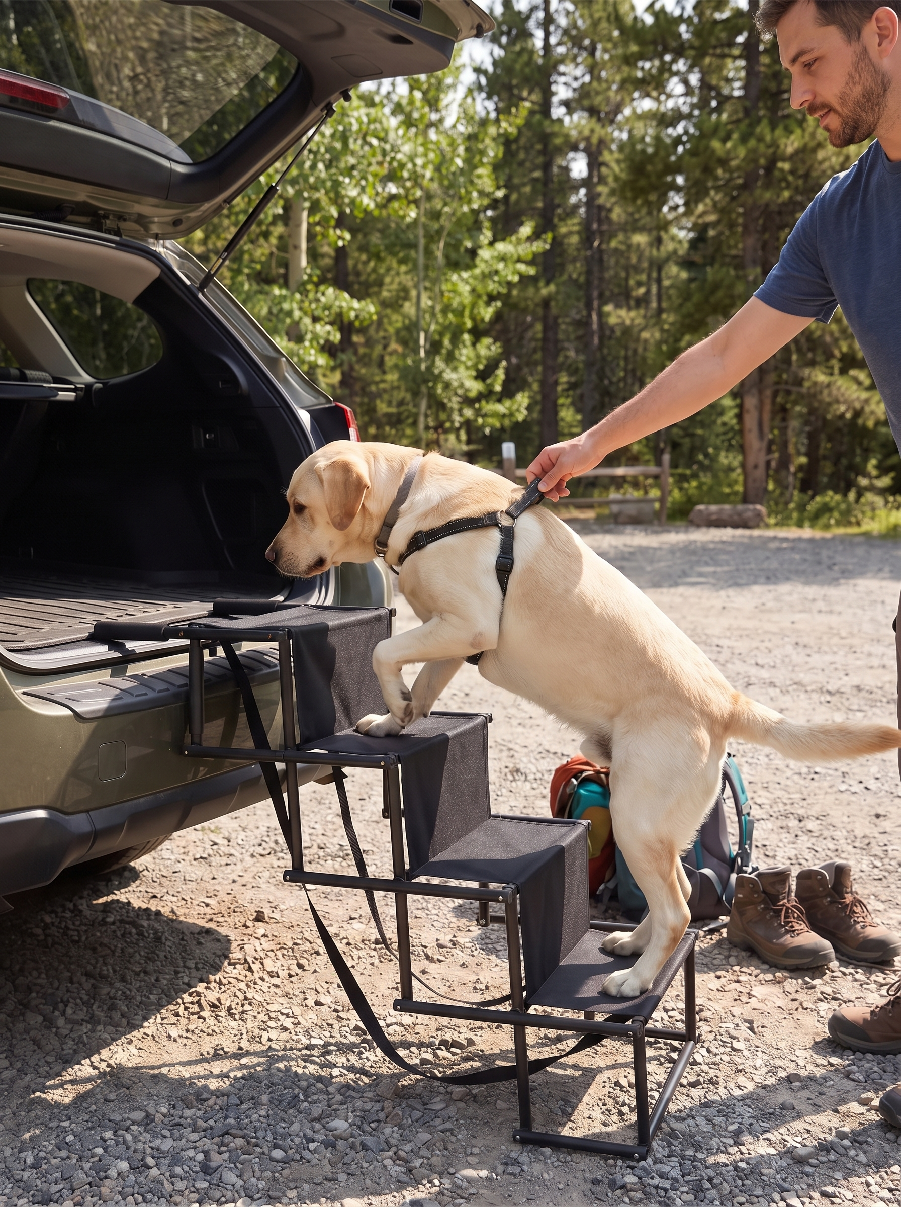 Dog walking up foldable steps into a car boot