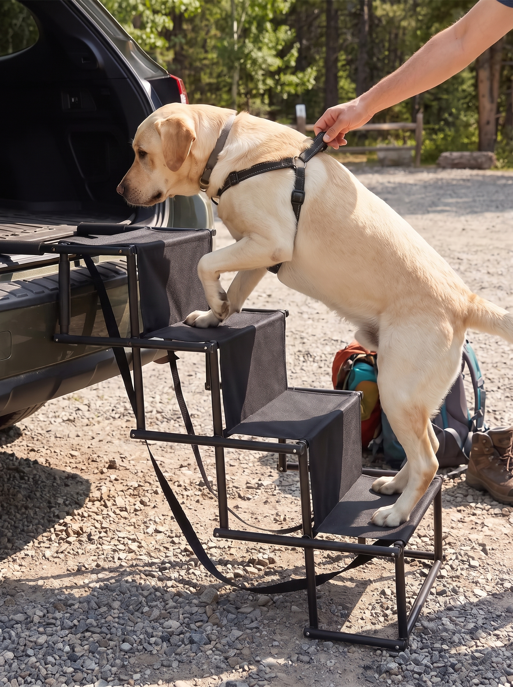 Steel framed dog stairs holding a large dog steadily