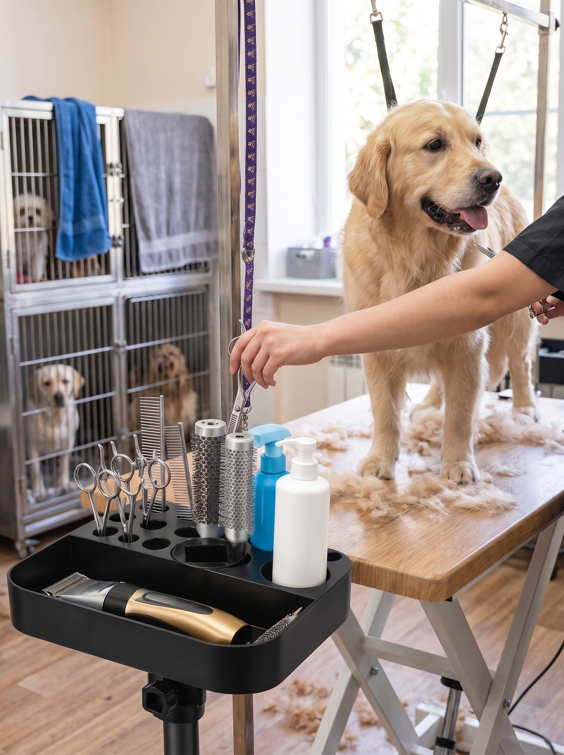 Grooming tools sorted in a table mounted tray