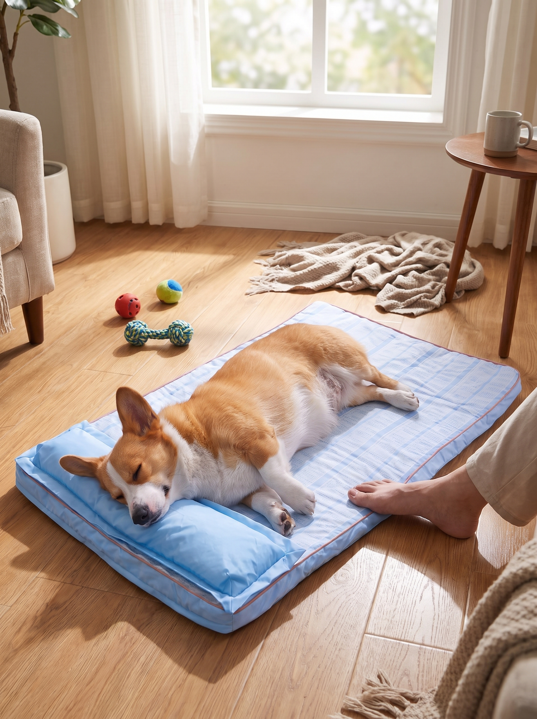 Bolster pillow supporting a dog's neck on a cooling bed