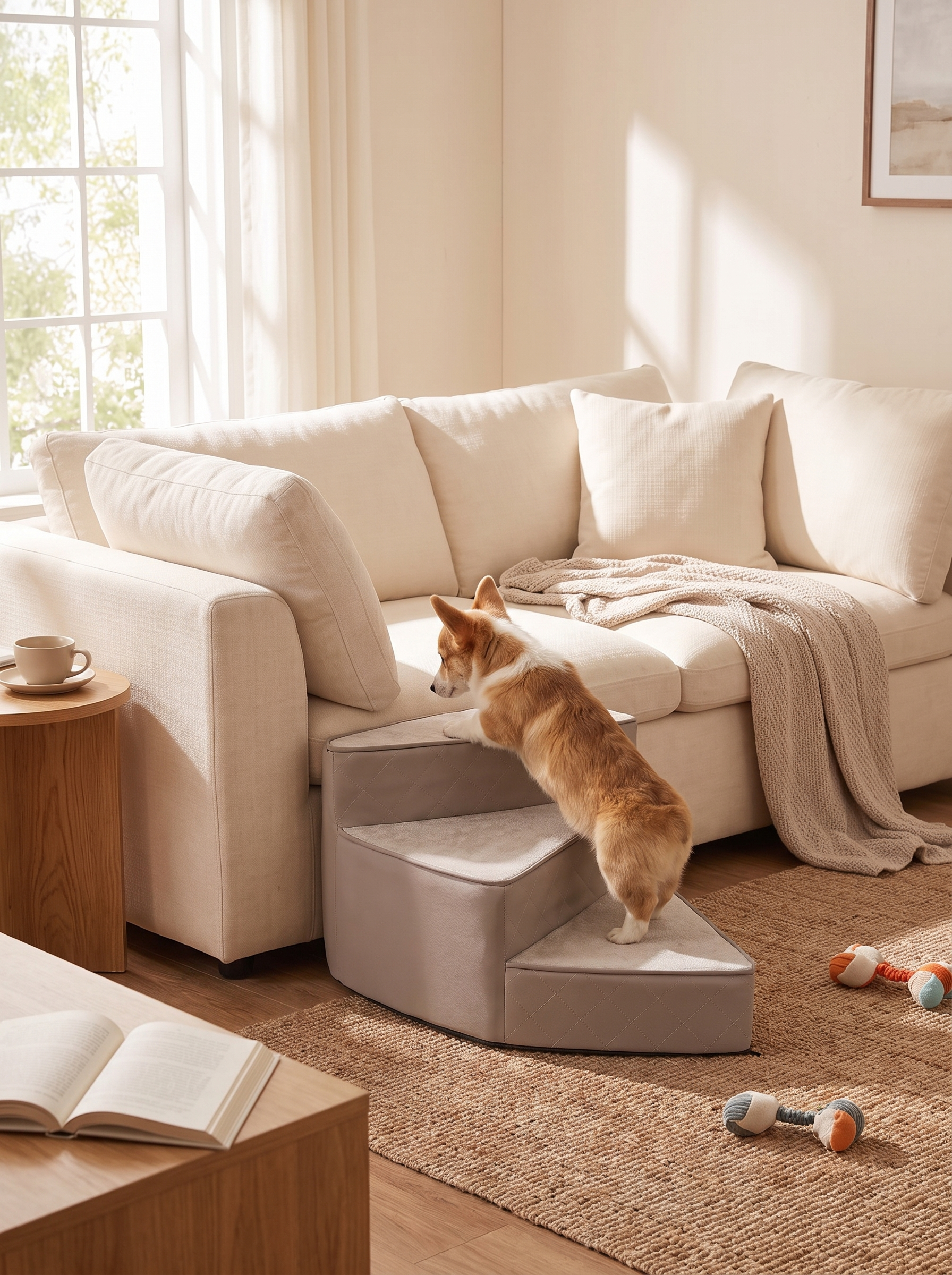 Small dog using soft foam steps onto a sofa