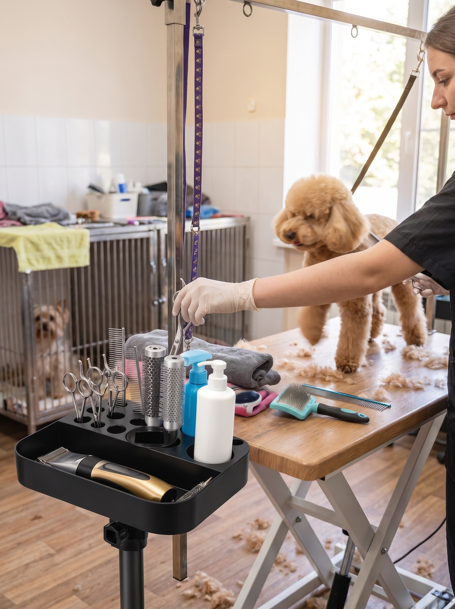 Plastic grooming caddy being wiped clean
