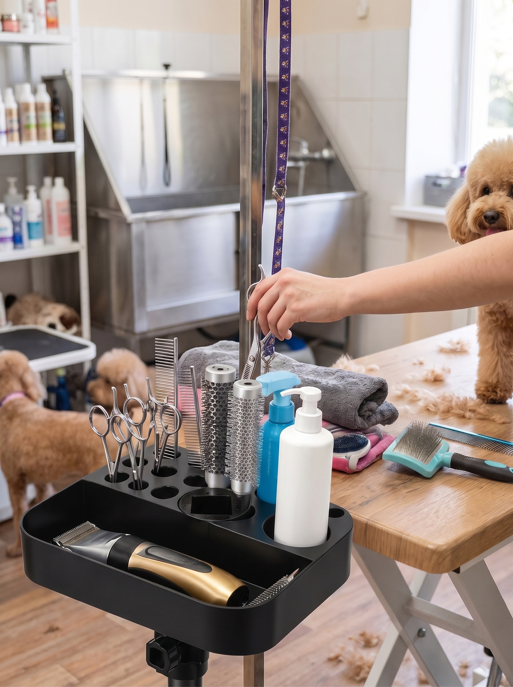 Grooming tray clamped to a grooming table pole
