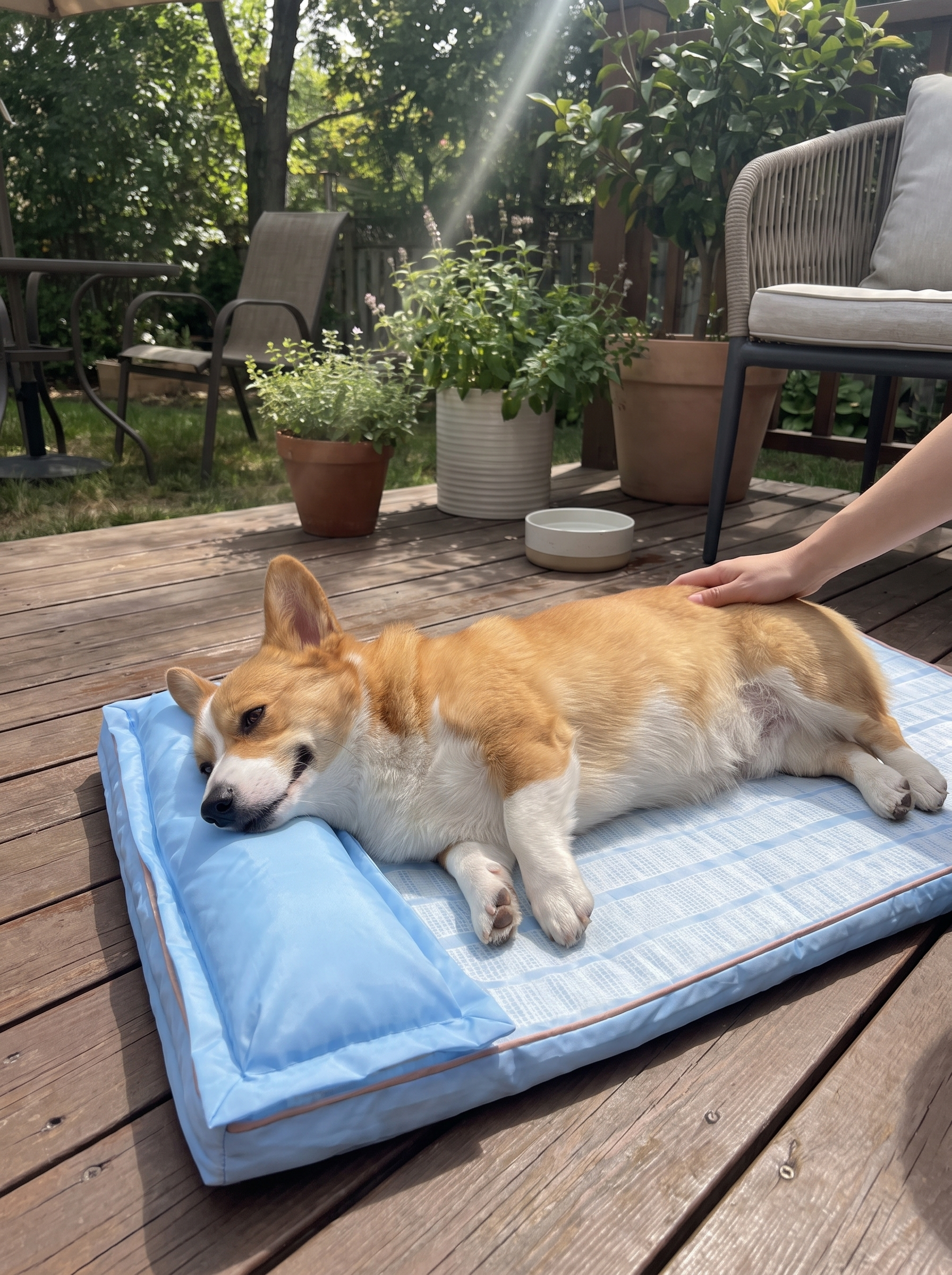 Dog cooling off on a breathable orthopedic mat
