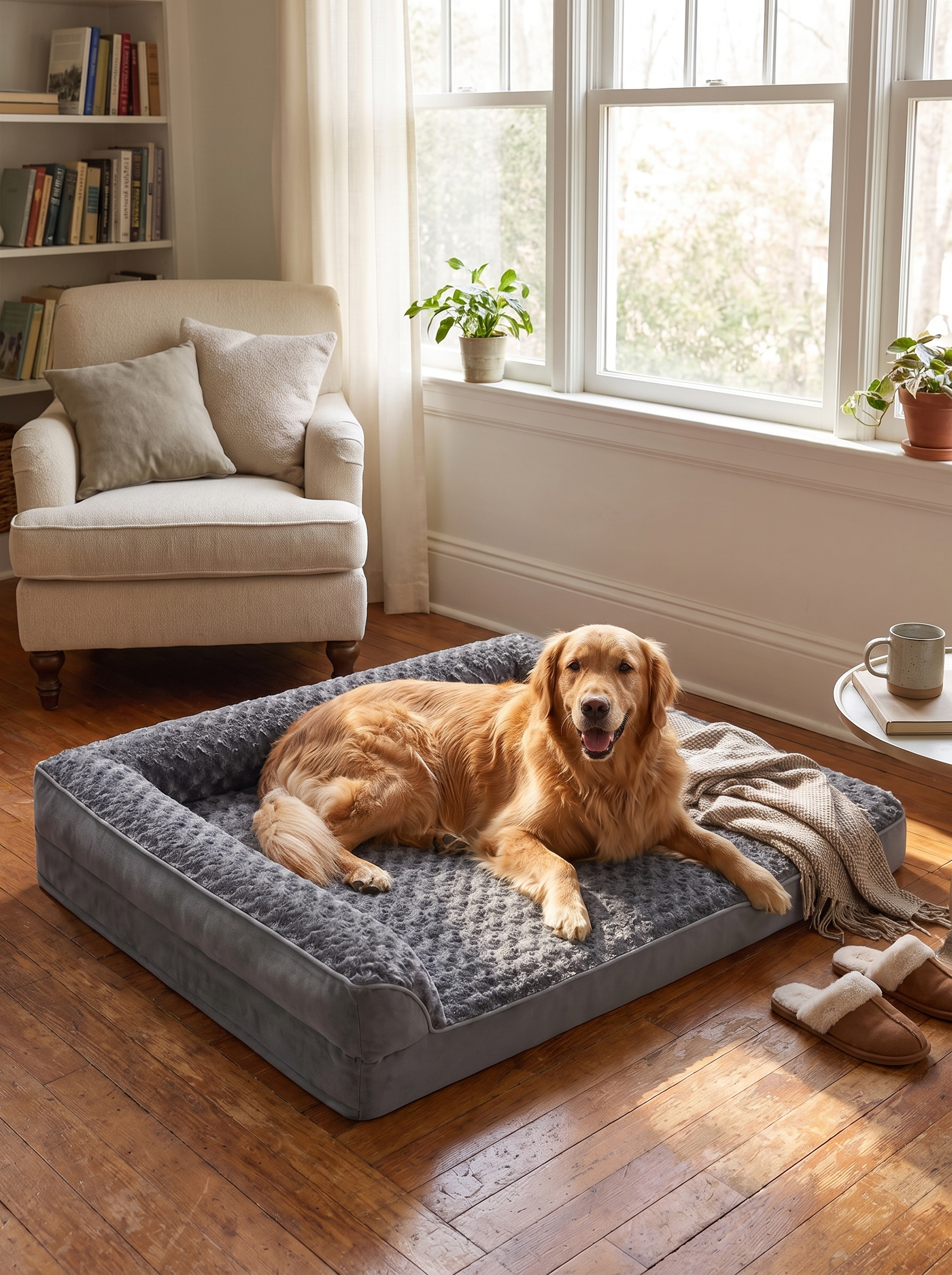 Large dog asleep on an orthopedic memory foam bed