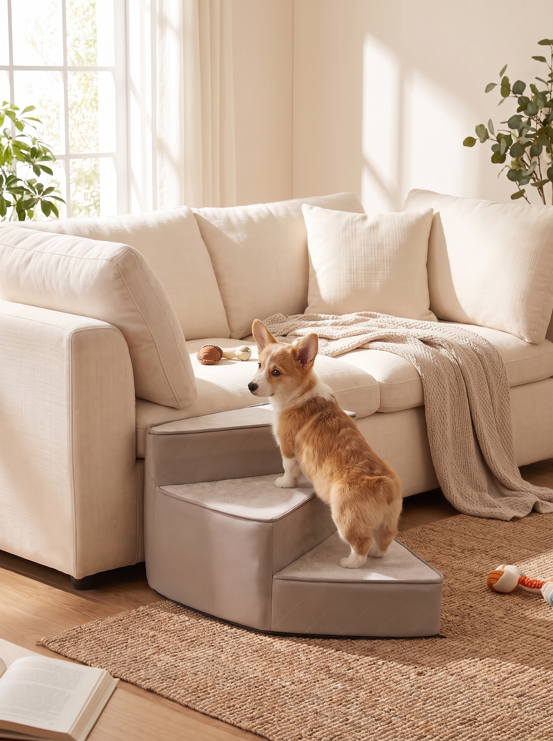 Spiral foam pet stairs tucked beside a sofa
