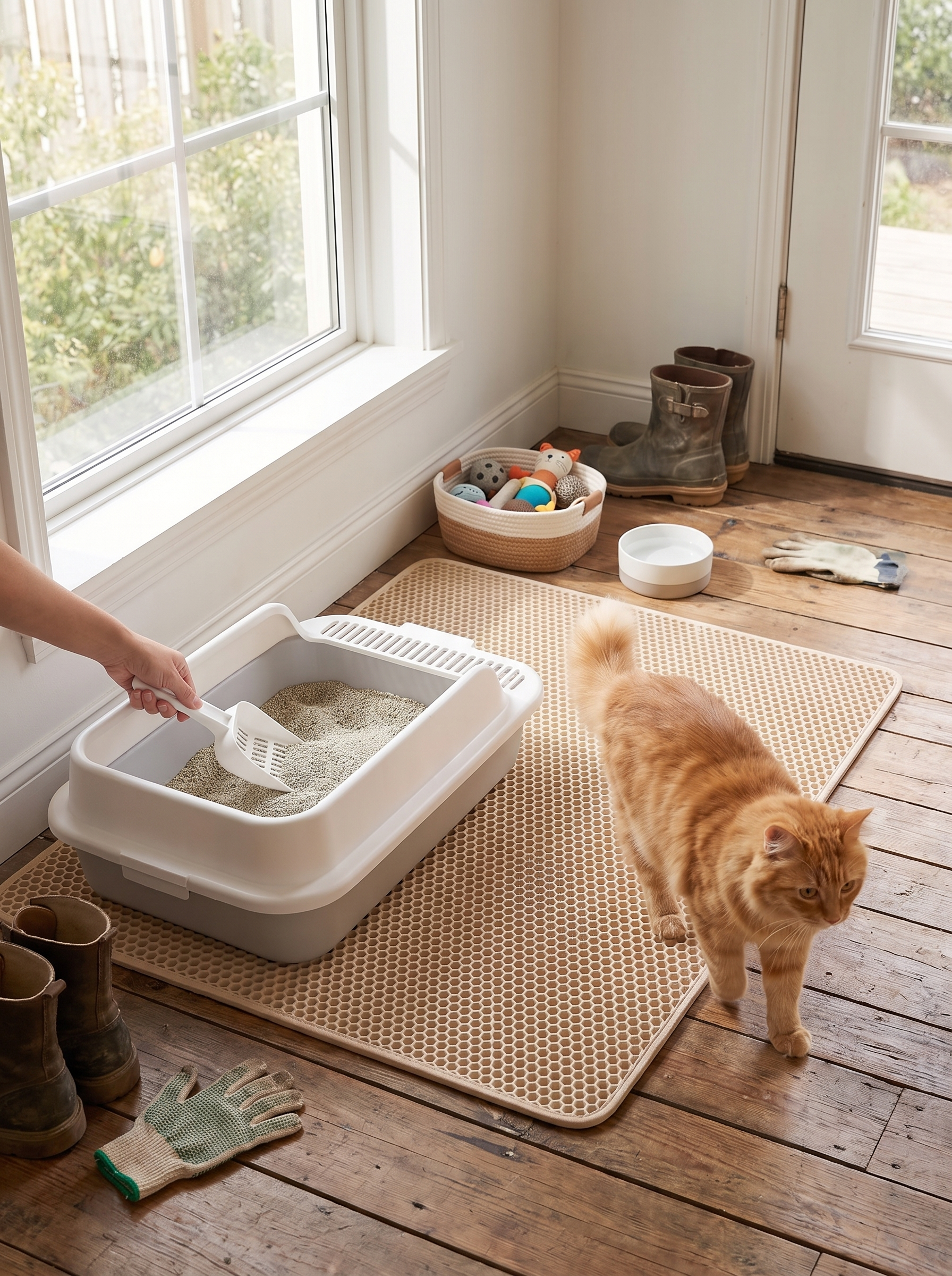 Cat stepping onto a litter trapping mat
