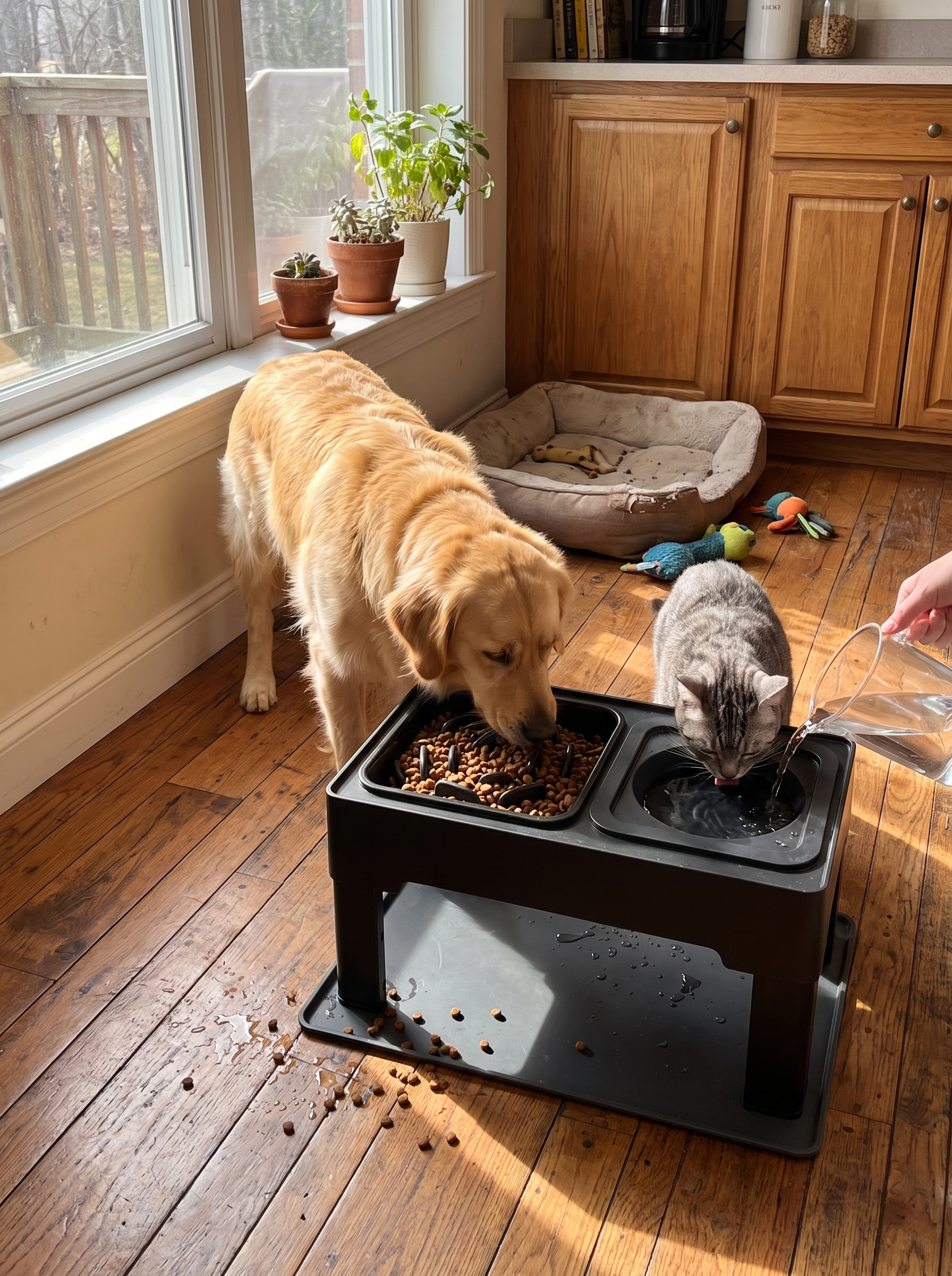 Adjustable elevated double bowl stand in use